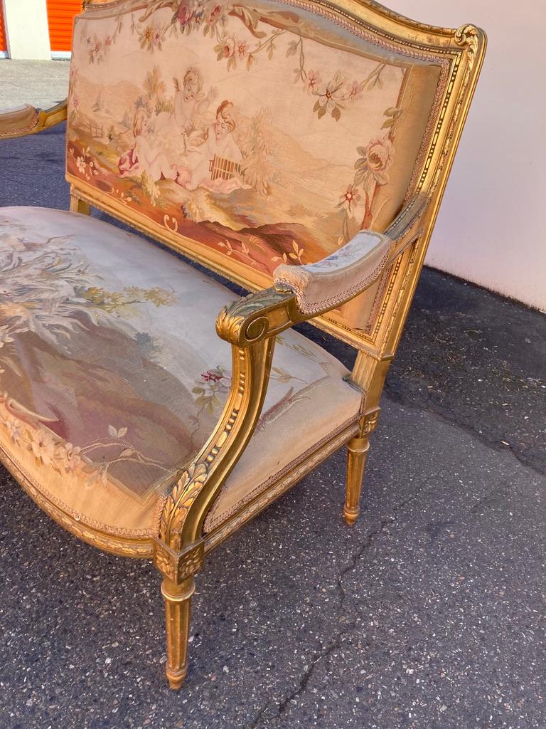 French Giltwood Settee with original aubusson tapestry In Good Condition For Sale In Tacoma, WA