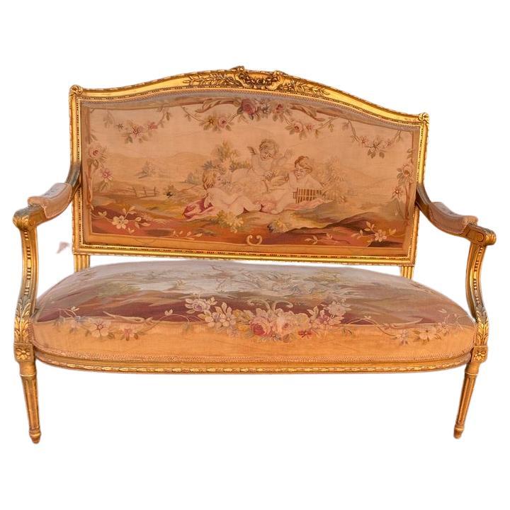 French Giltwood Settee with original aubusson tapestry For Sale