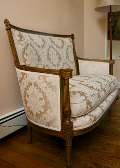 French Louis XVI Giltwood Sofa Settee, New Damask Upholstery, 1940