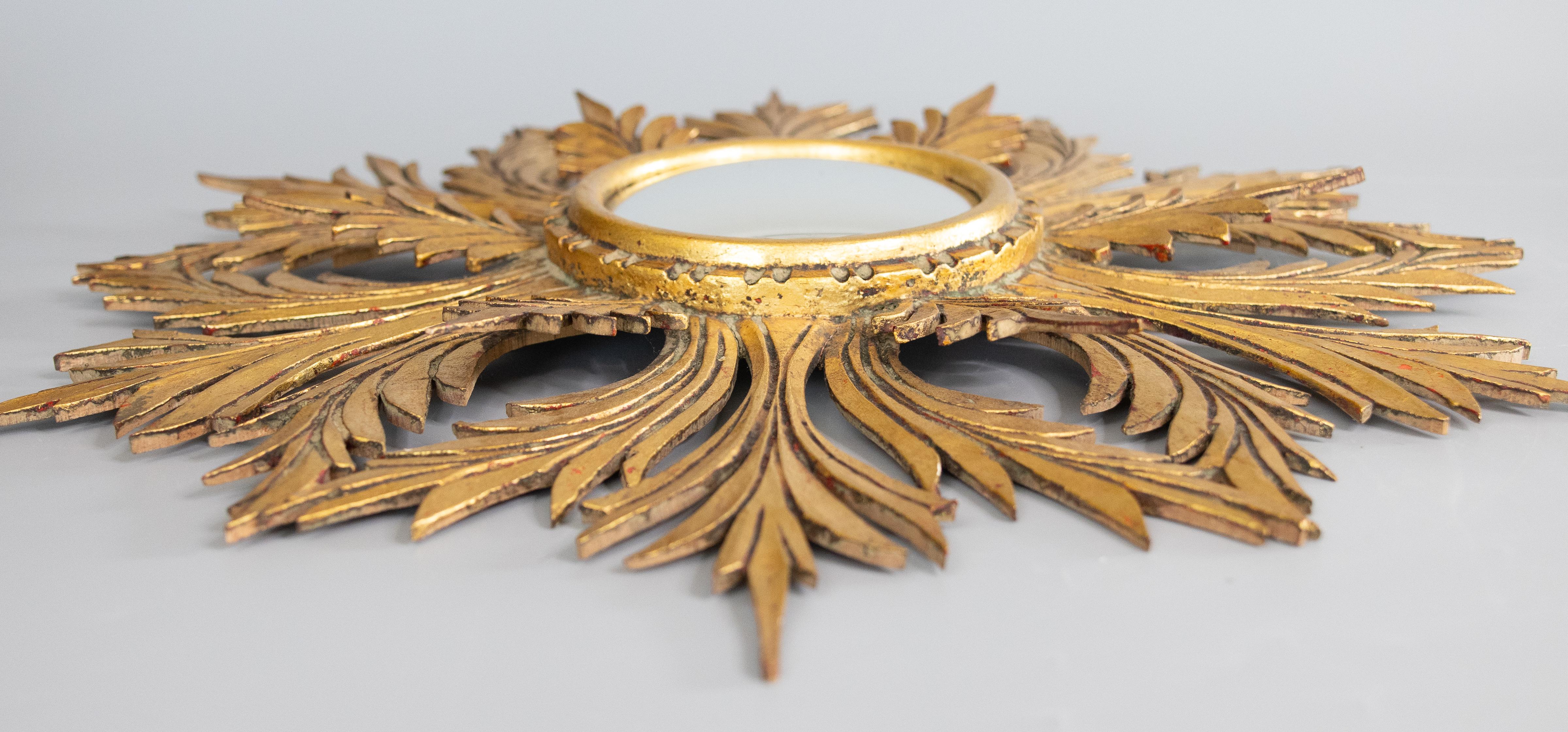 Hand-Carved Large French Giltwood Sunburst Convex Mirror, 1950s For Sale