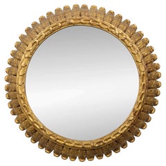 French Giltwood Sunburst Mirror with Feathered Carved Frame, circa 1920