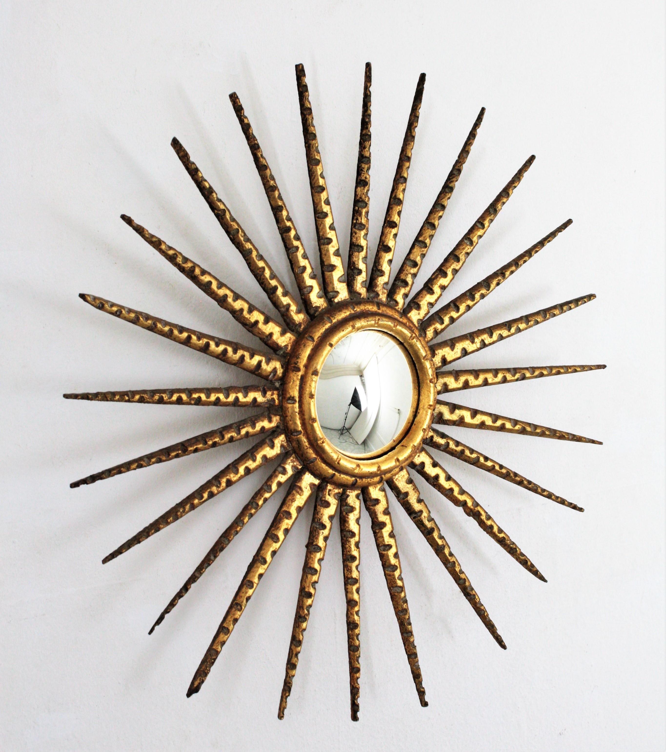 Wood French Giltwood Sunburst Starburst Convex Mirror For Sale
