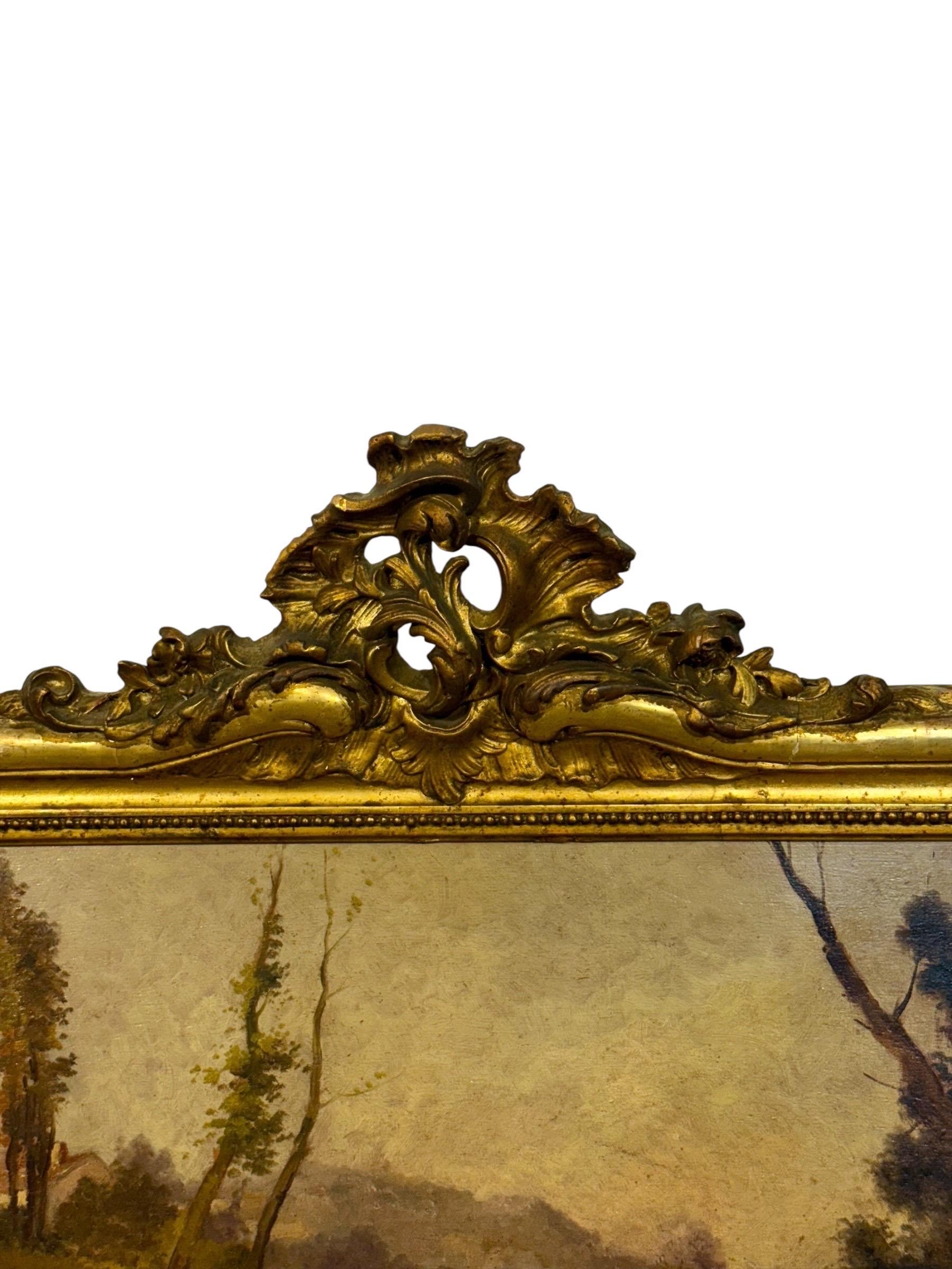 Espejo francés Trumeau de madera dorada con cristal biselado, firmado Crassous Fils 1919 Pintura en venta