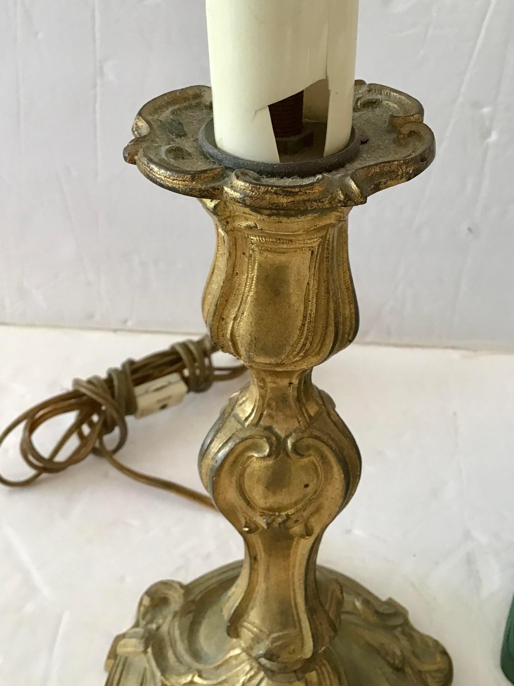 French Git Bronze Table Lamp With Green Shade For Sale 2