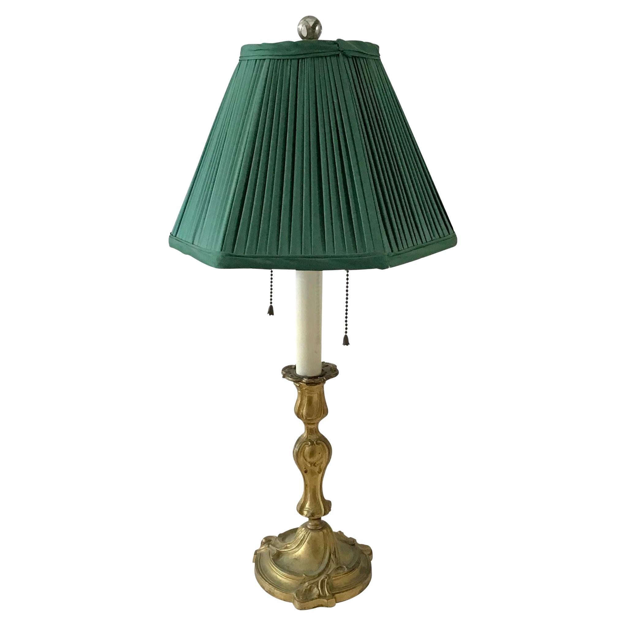 French Git Bronze Table Lamp With Green Shade For Sale