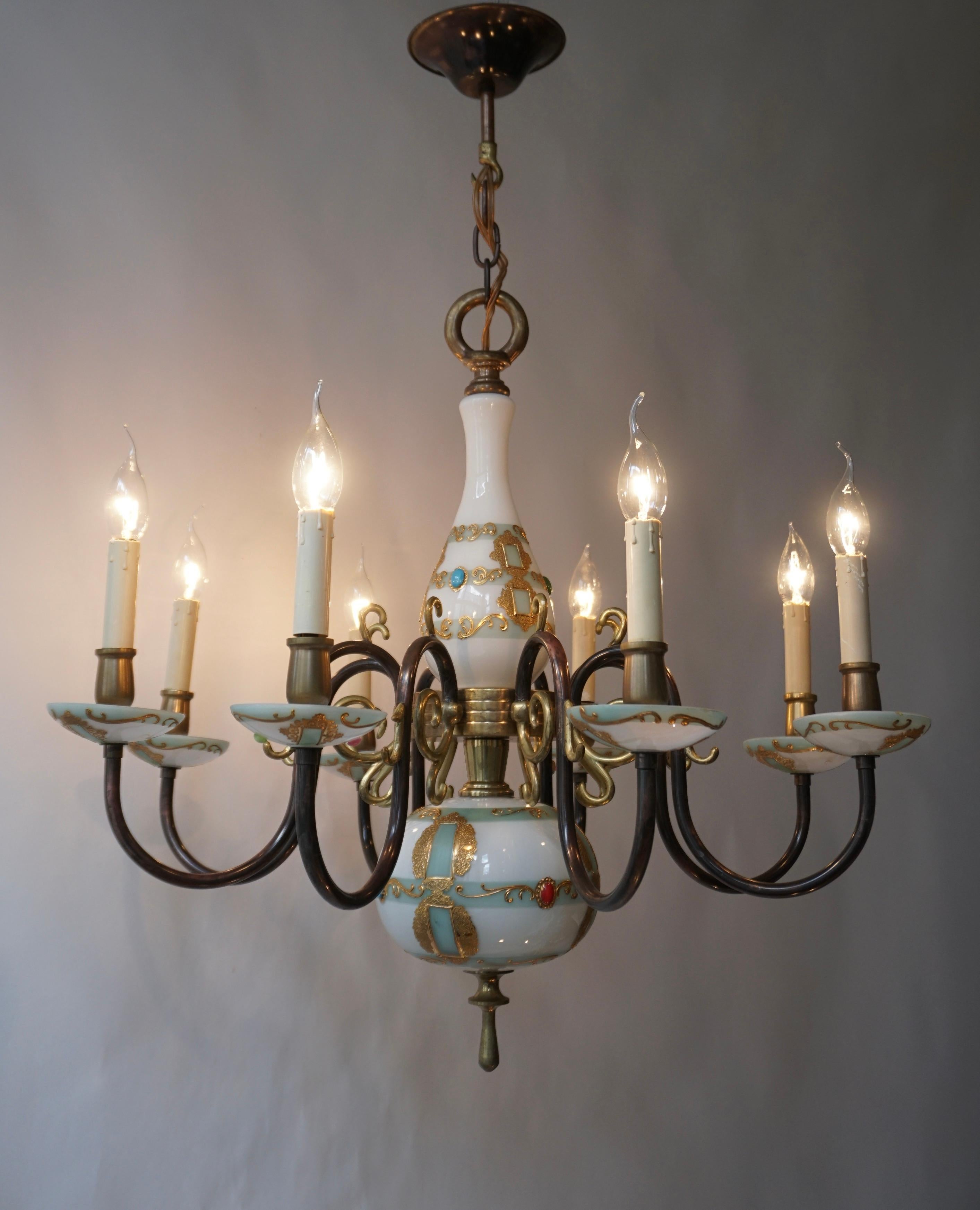 Painted French Glass and Bronze Chandelier 8 arm Lights Hollywood Regency For Sale