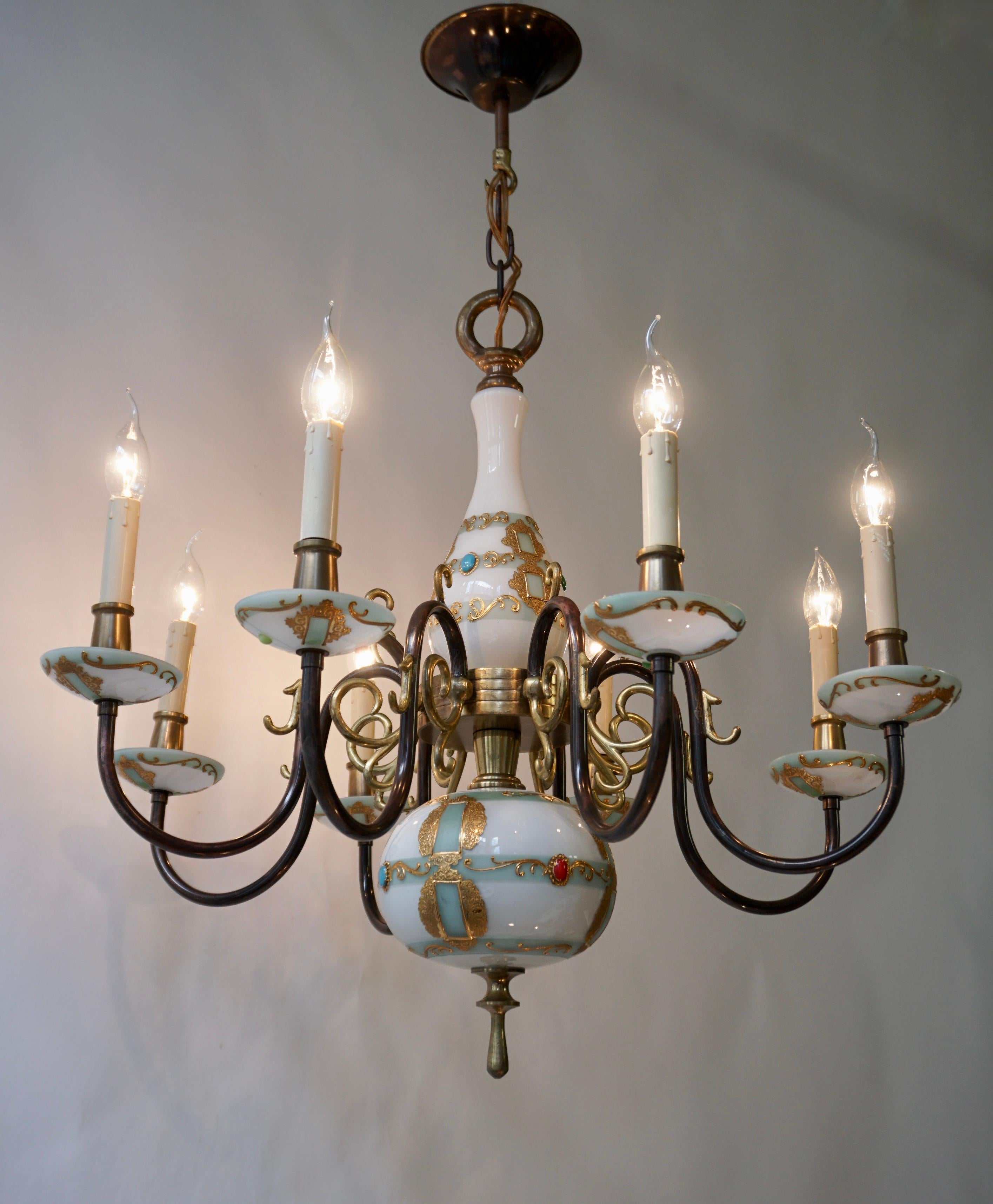 20th Century French Glass and Bronze Chandelier 8 arm Lights Hollywood Regency For Sale