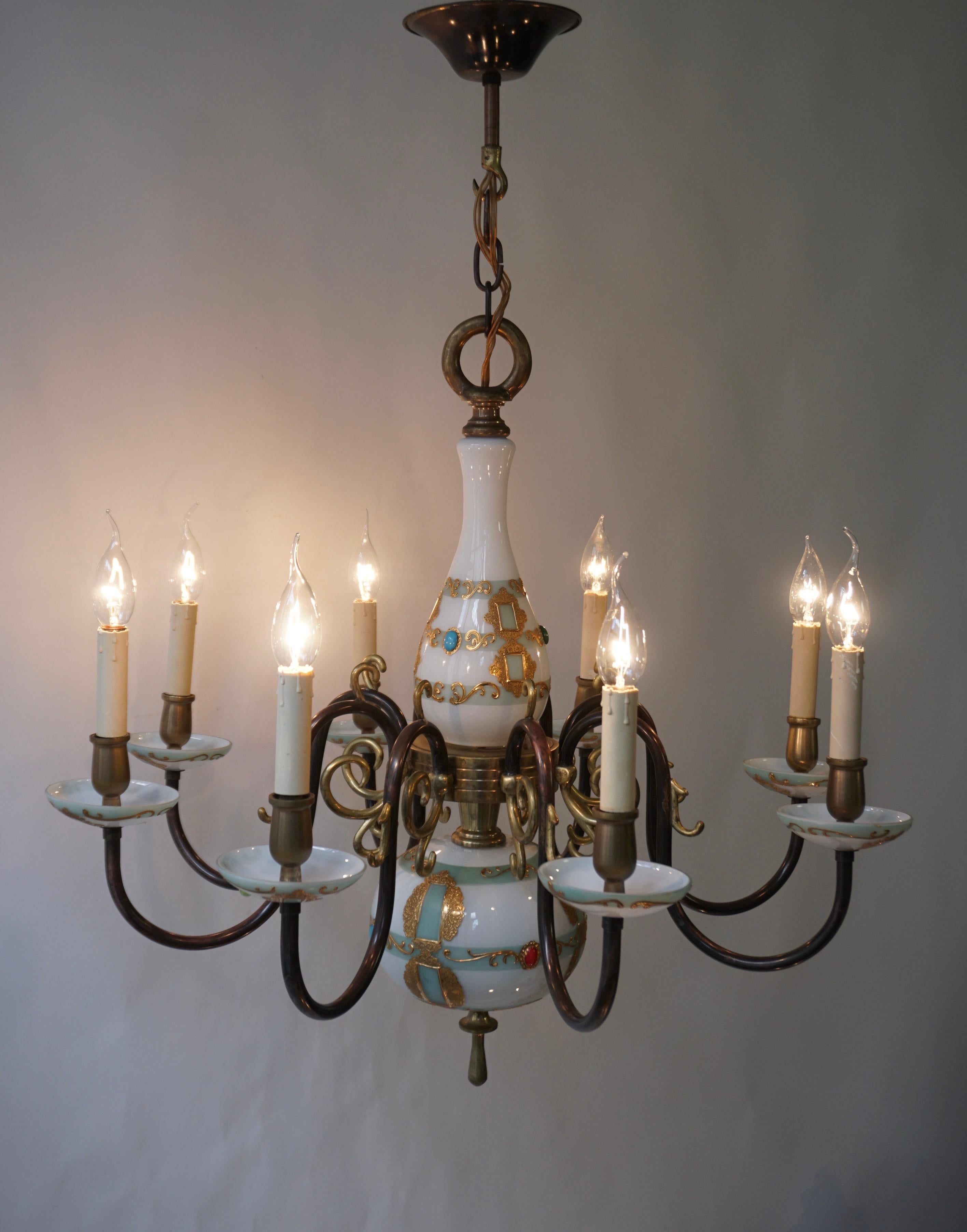 Brass French Glass and Bronze Chandelier 8 arm Lights Hollywood Regency For Sale