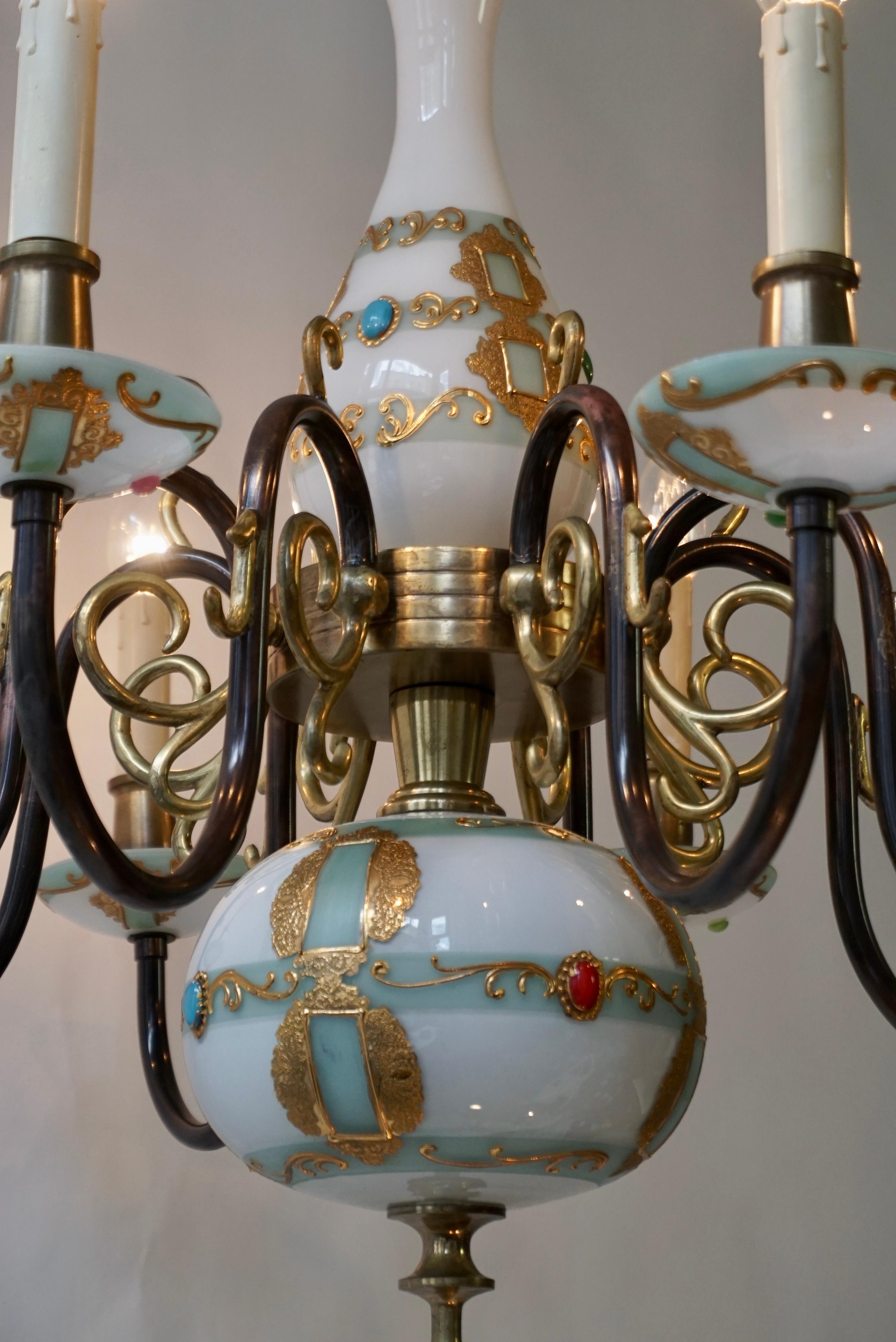 French Glass and Bronze Chandelier 8 arm Lights Hollywood Regency For Sale 2