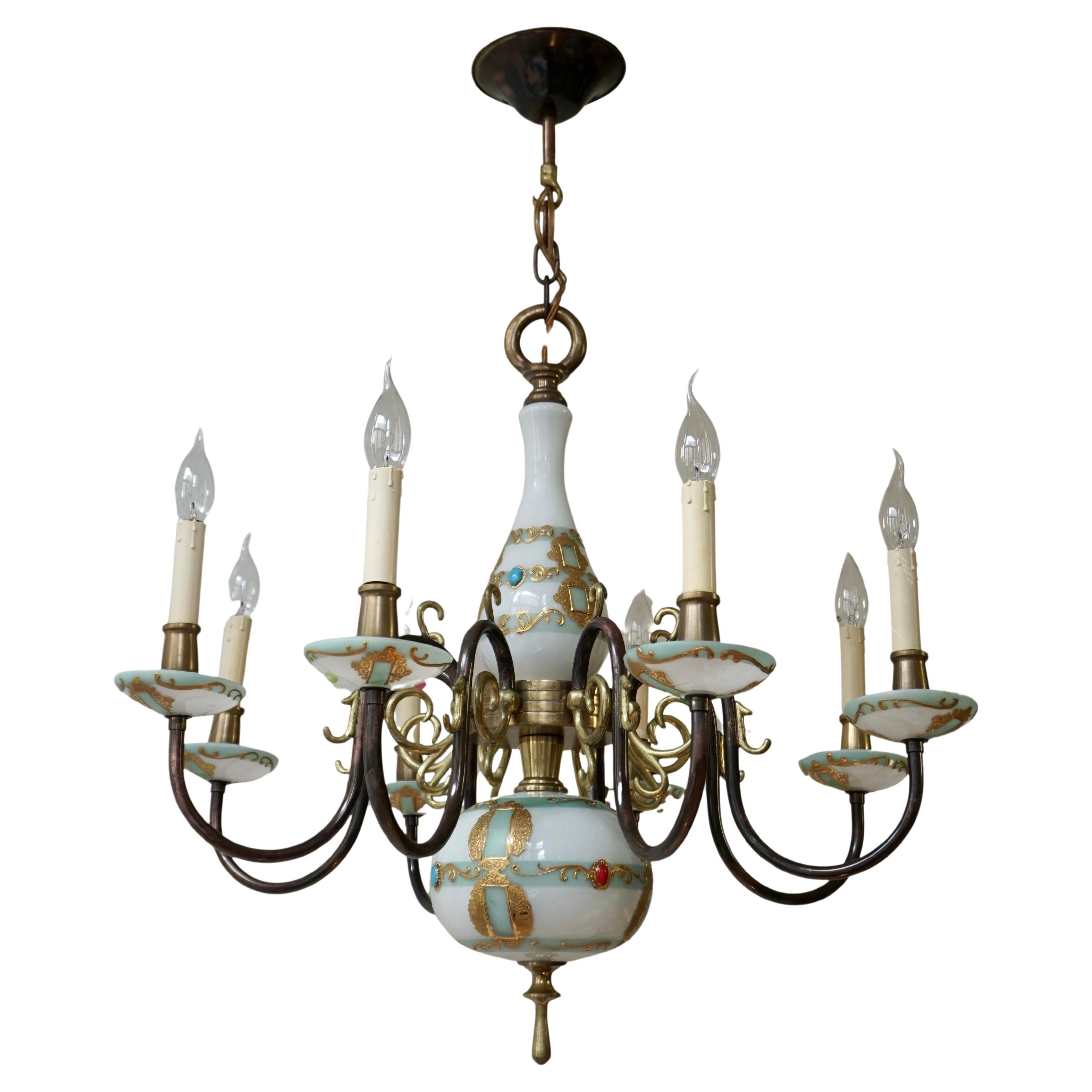 French Glass and Bronze Chandelier 8 arm Lights Hollywood Regency For Sale