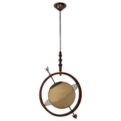 French Glass and Wood 'Ringed Planet' Globe Pendant from 1940s