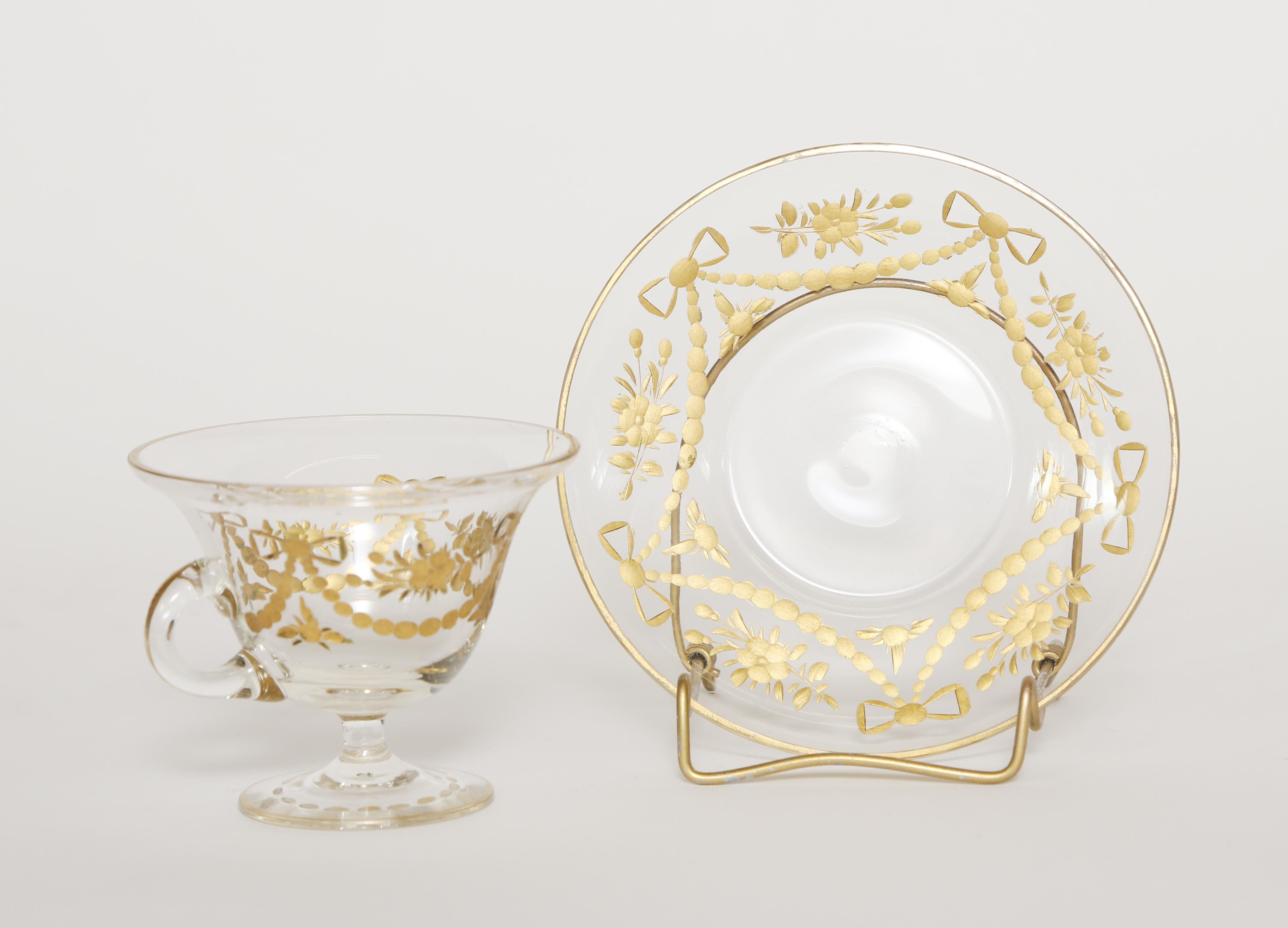 Belle Époque  Engraved and Gilt Glass Punch Cup and Saucer-France c.1900