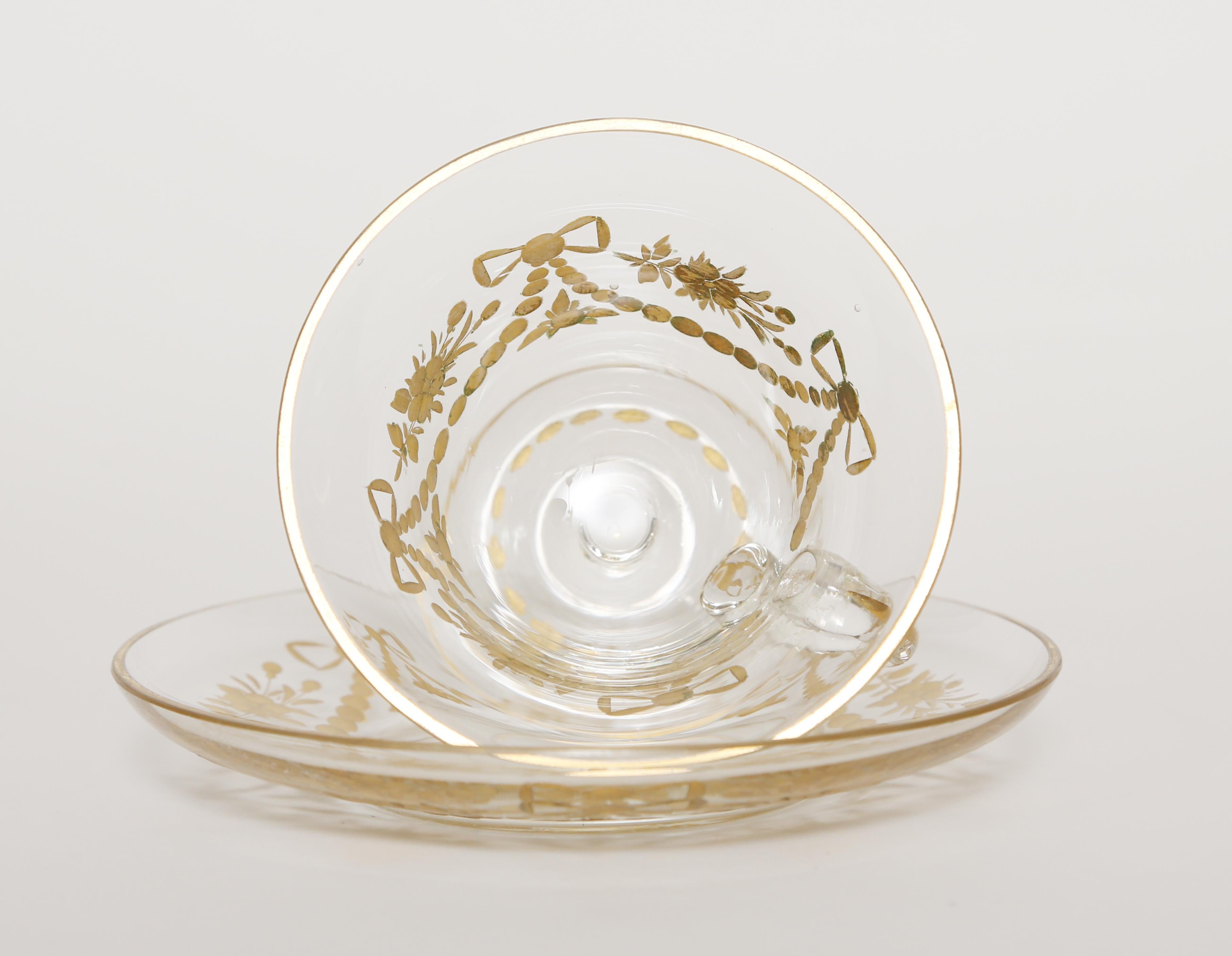 French  Engraved and Gilt Glass Punch Cup and Saucer-France c.1900