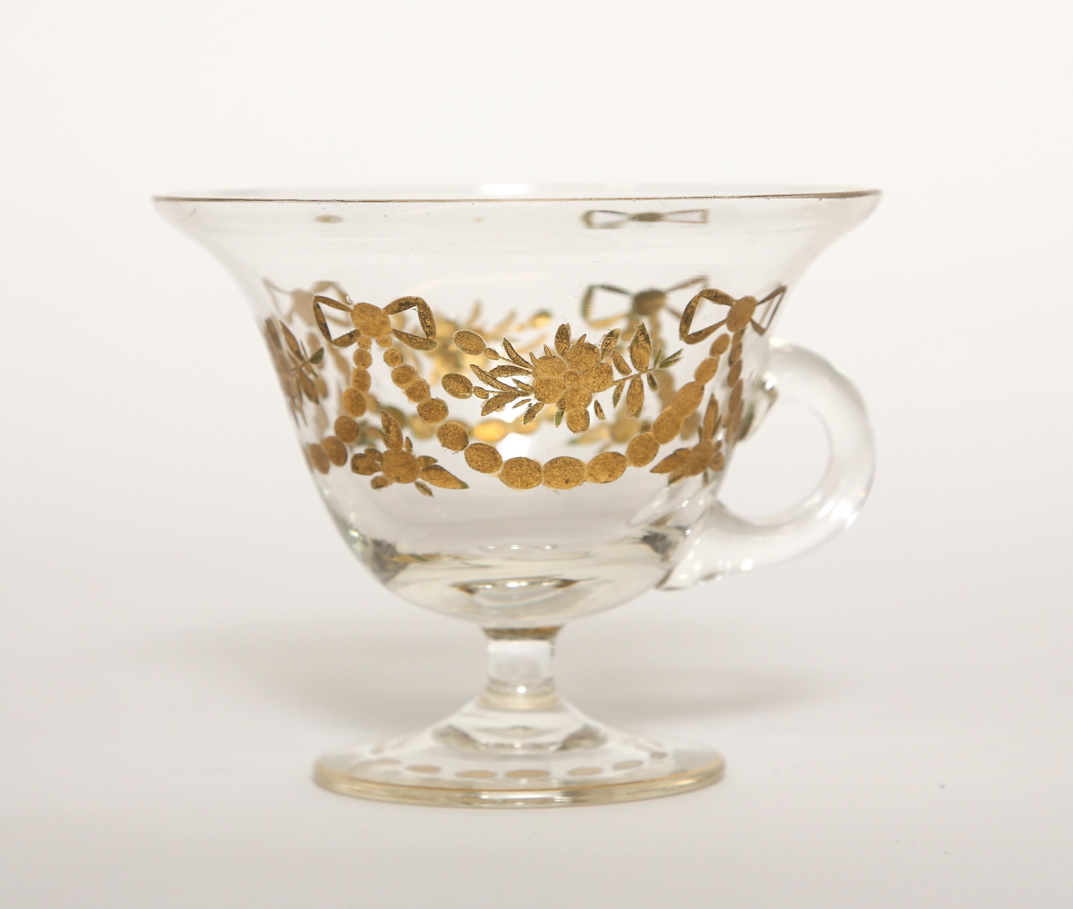 Hand-Crafted  Engraved and Gilt Glass Punch Cup and Saucer-France c.1900