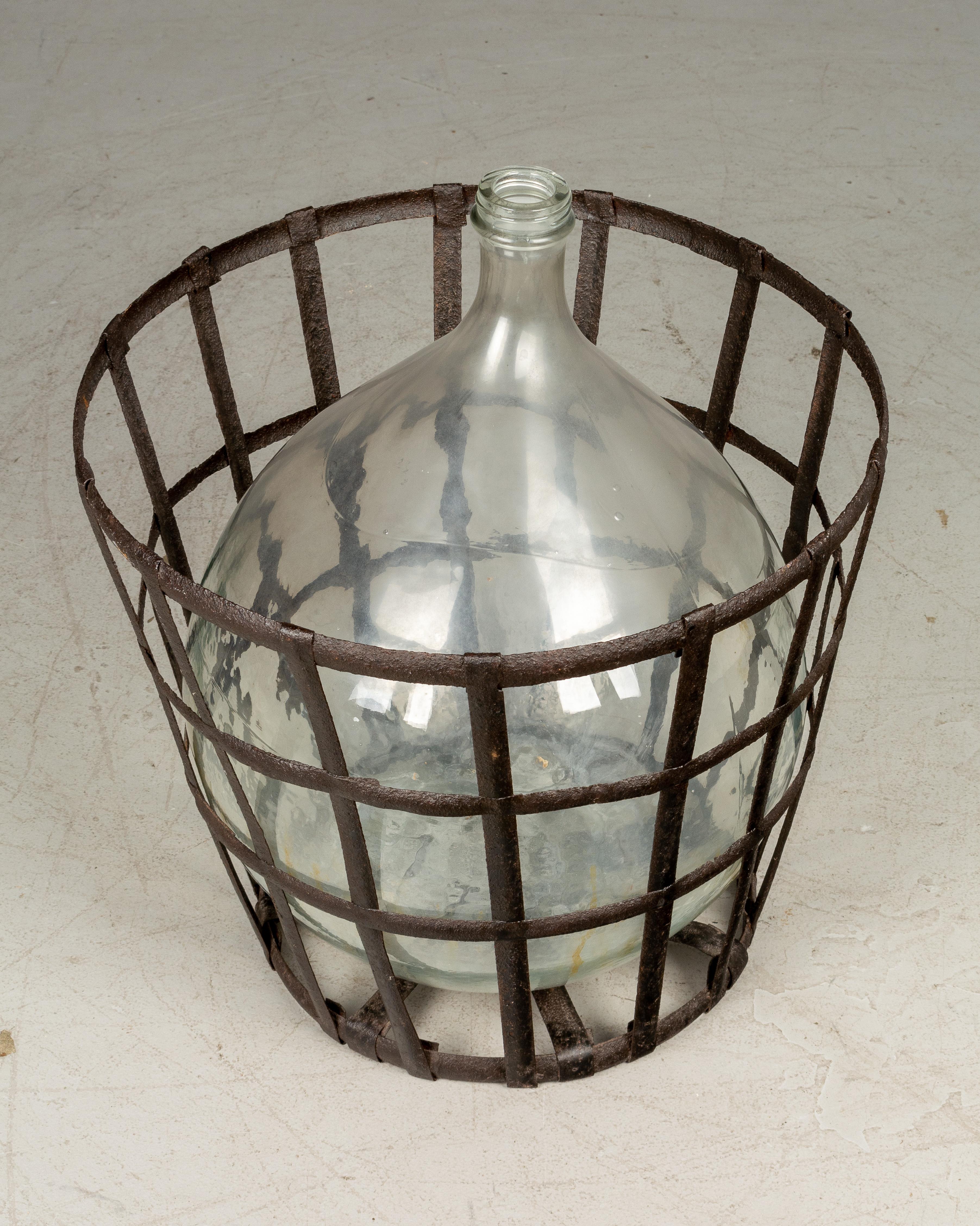French Glass Demijohn Bottle in Metal Basket 2