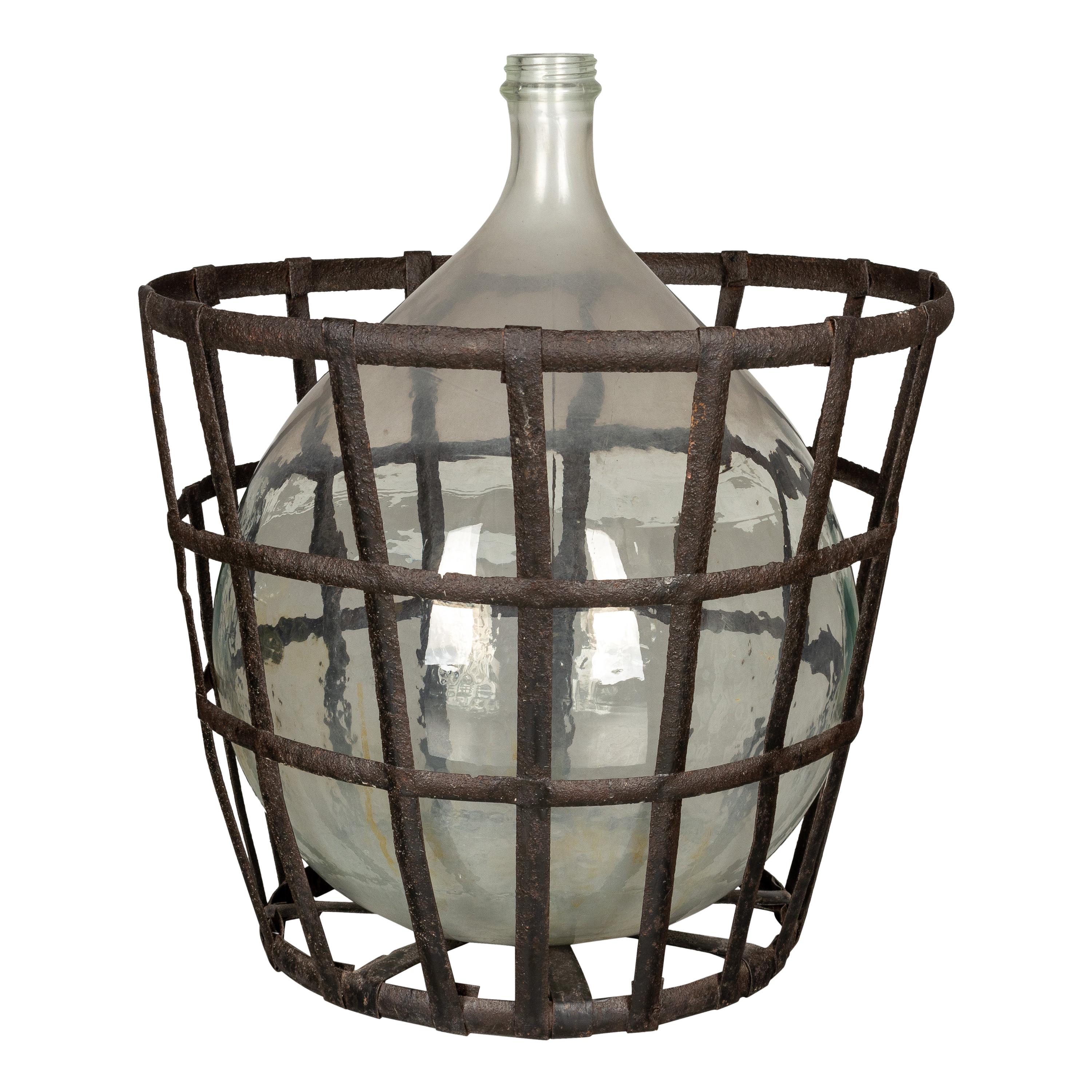 French Glass Demijohn Bottle in Metal Basket
