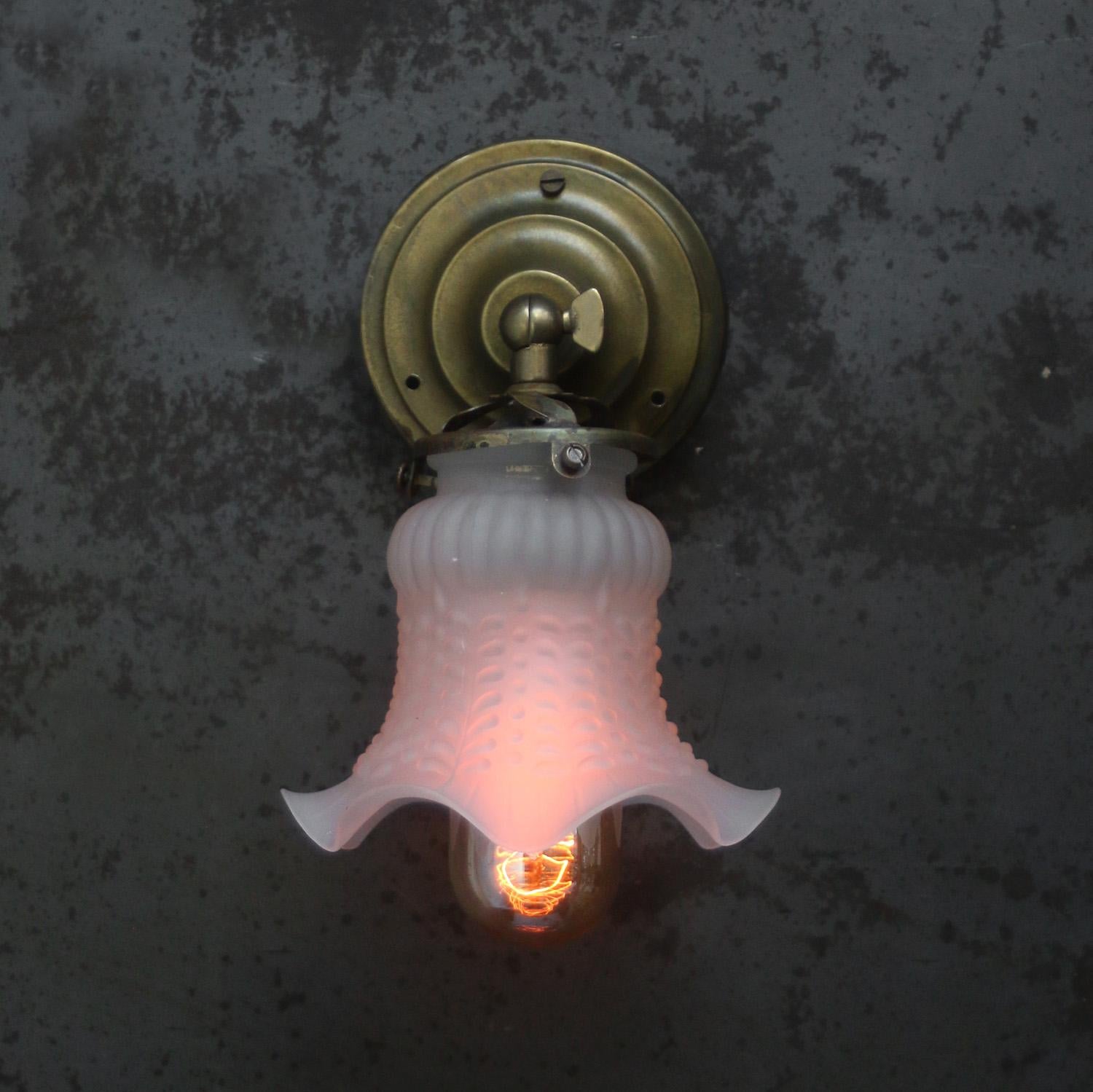 French glass flush mount / sconce.
Metal bulb holder with brass glass holder.
Frosted glass shade.

Brass ceiling plate / wall plate : diameter 10 cm

Weight: 0.57 kg / 1.3 lb

Priced per individual item. All lamps have been made suitable by