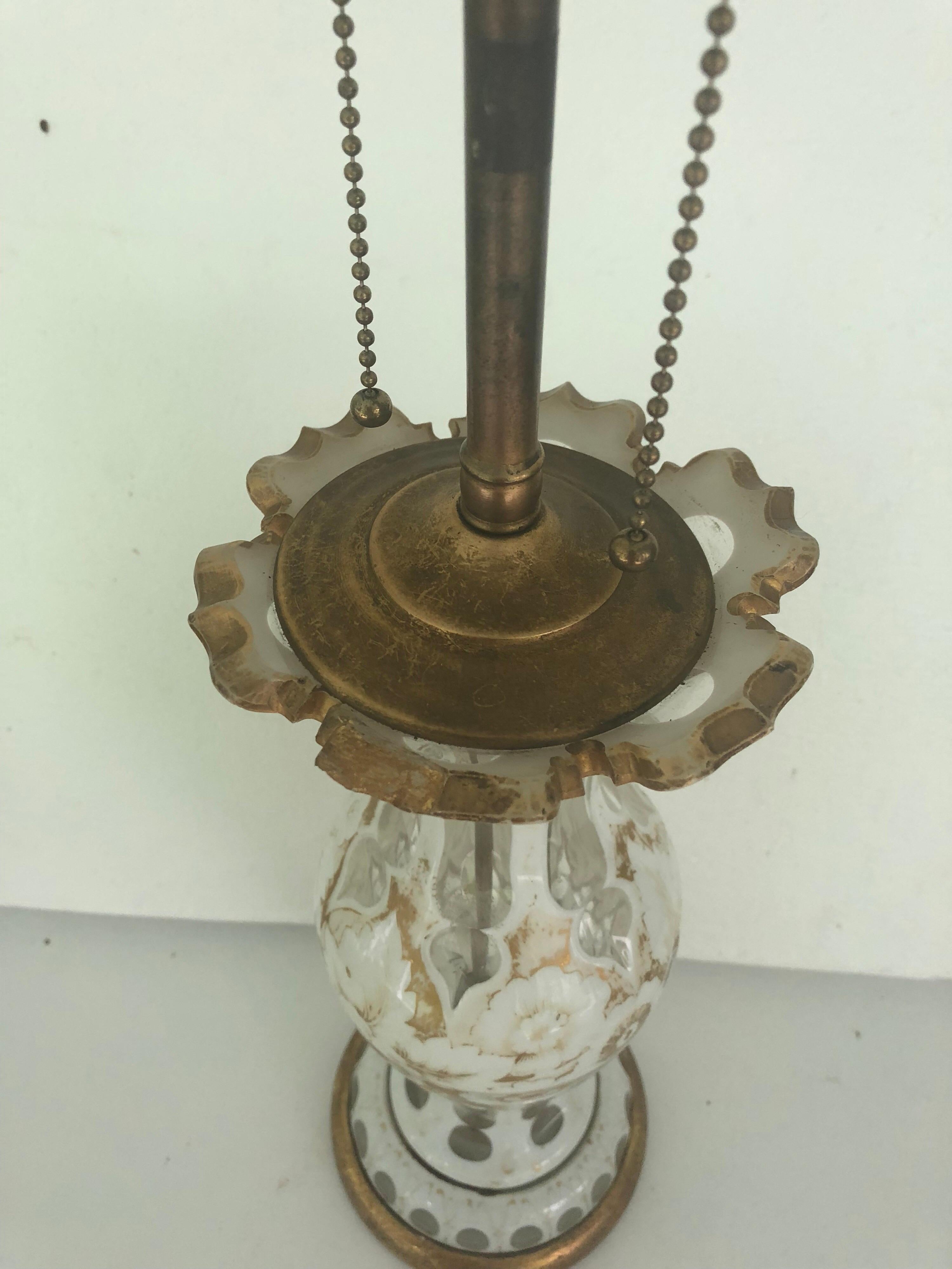 French Glass Lamp with Gold and White Floral Decoration In Good Condition For Sale In Hudson, NY