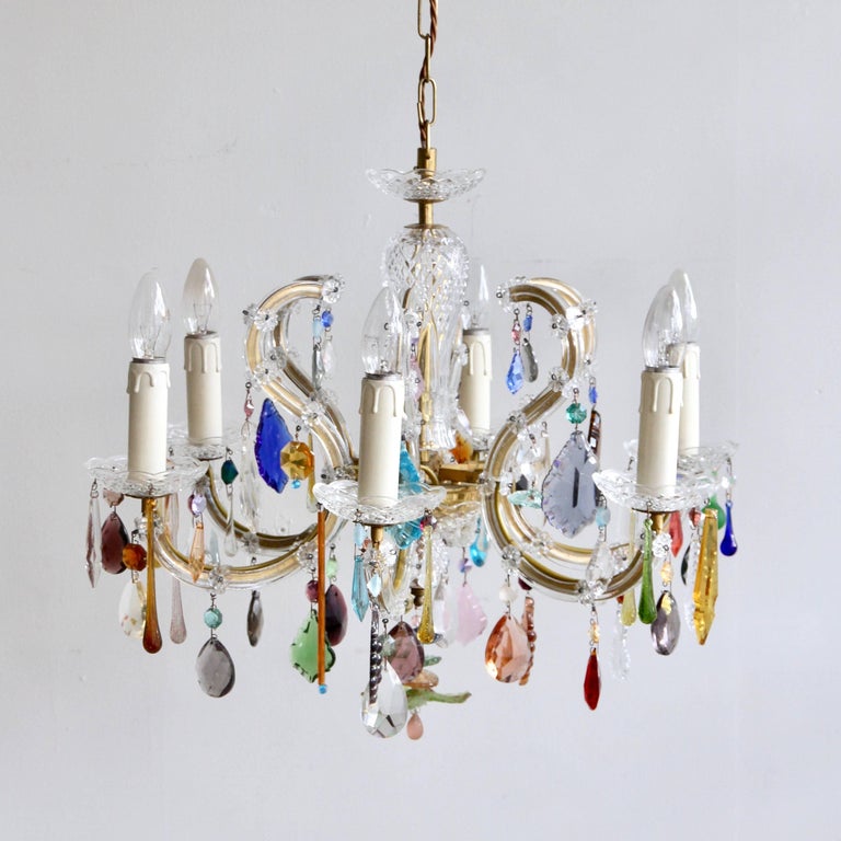 French Glass Marie Thérèse Chandelier With Multicolored Drops For A Six Arm Glass Marie Thérèse Chandelier With Multicolored Drops Has Been Dressed