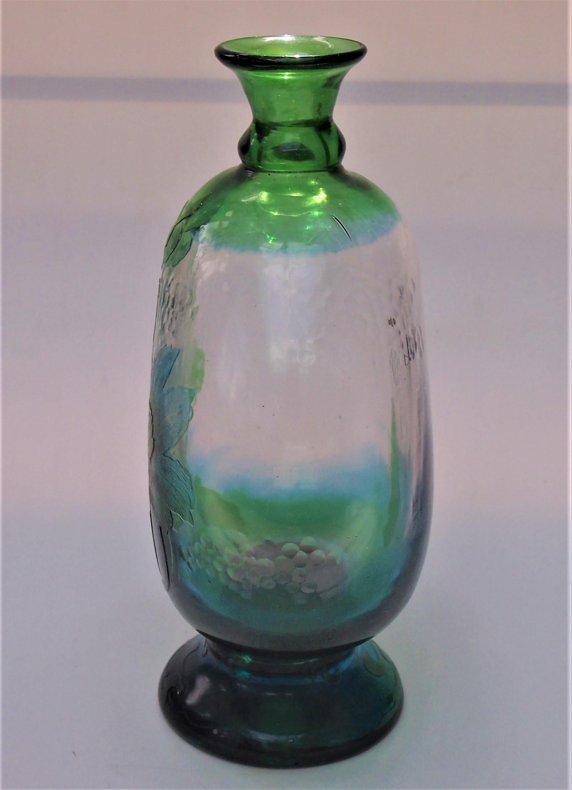 Fabulous large early Désiré Christian design Cameo and Martelé flask Vase - signed for both Christian and  Miesenthal (see last image) c 1890, in blue and green over clear, selectively Martelé (a technique making the glass look like it has a series