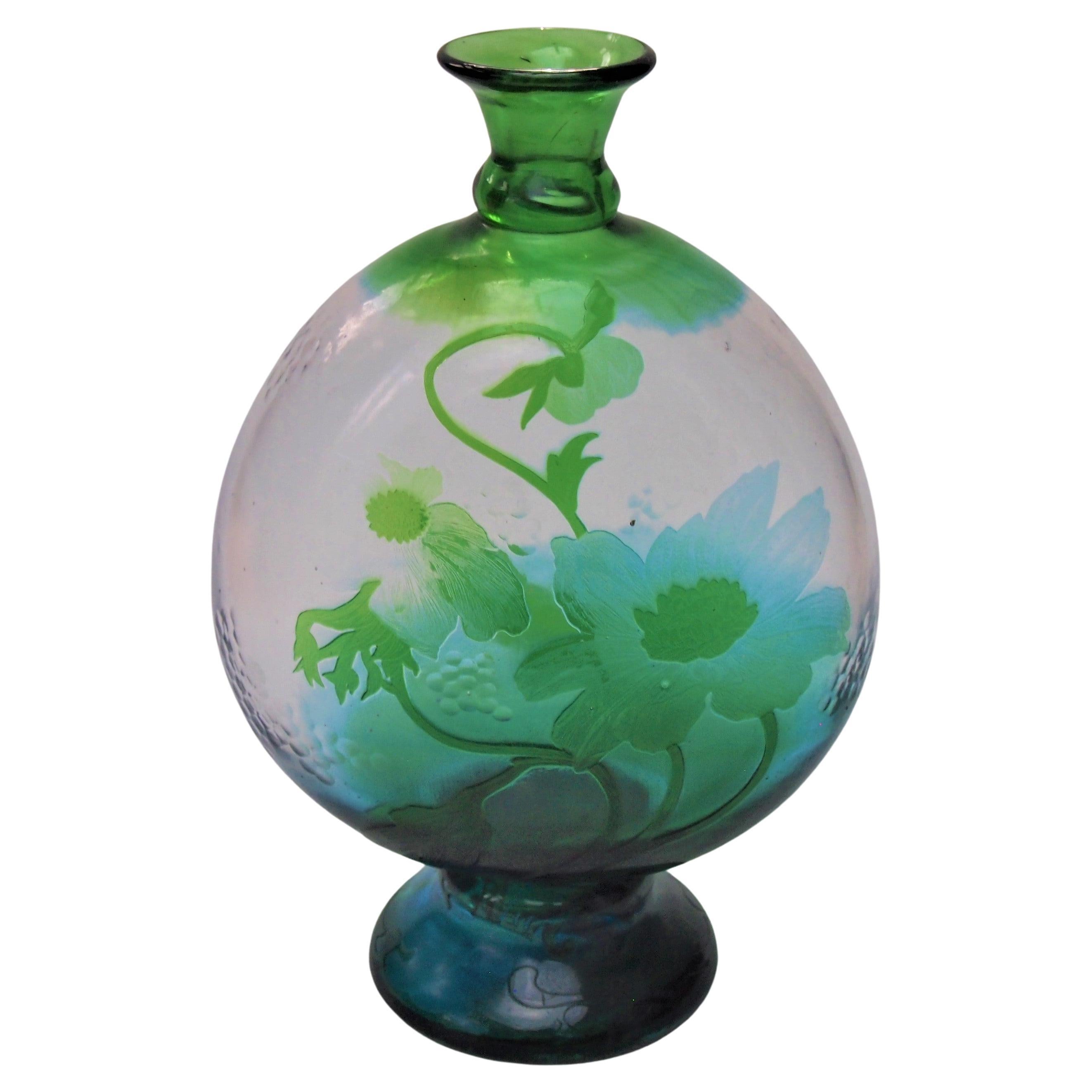 French glass Meisenthal bluegreen cameo and Martelé vase -Désiré Christian c1890 For Sale