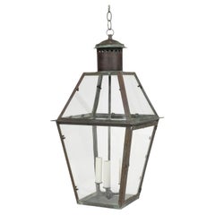 French Glass Paneled Verdigris Green and Copper Lantern