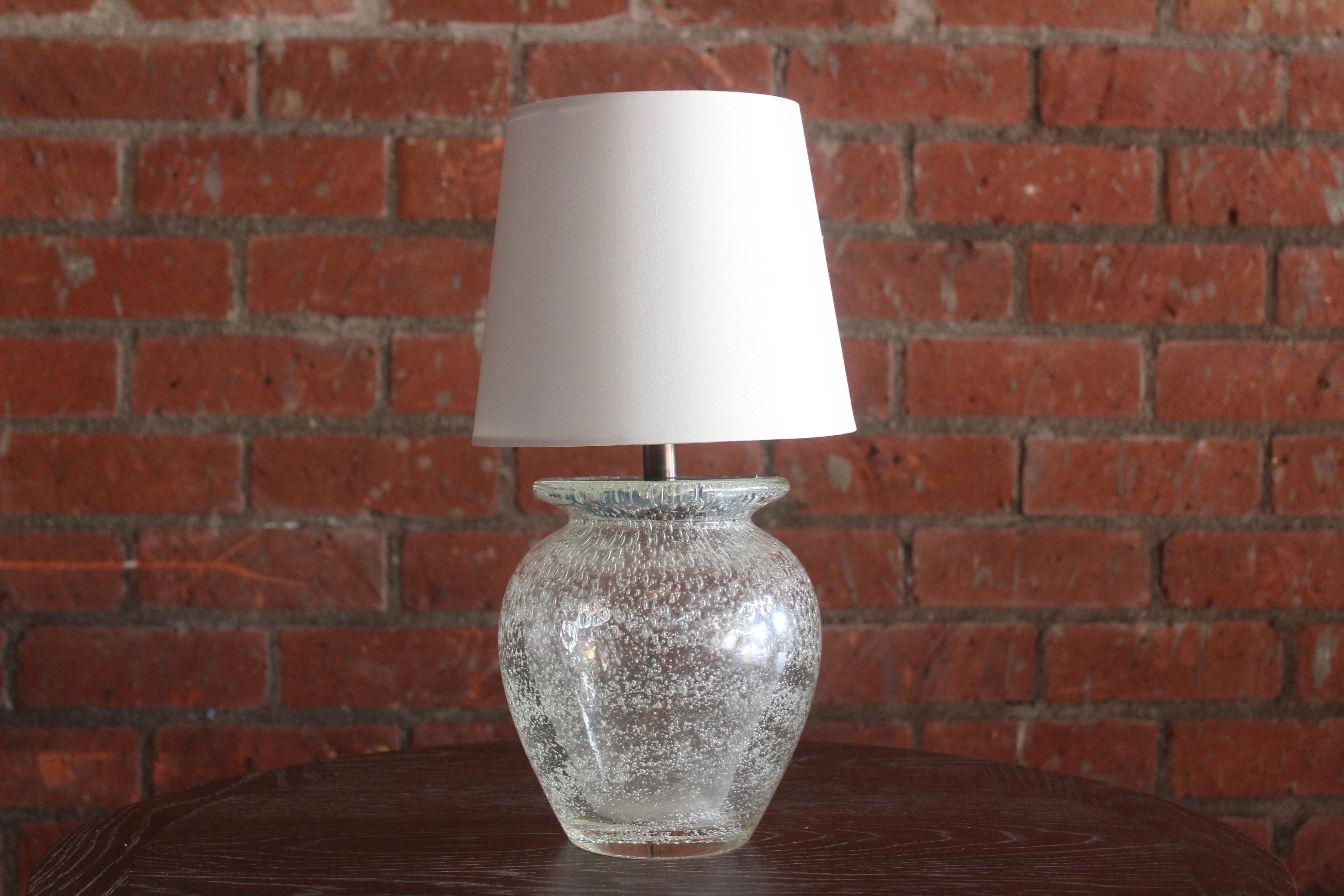 A vintage bubble glass vase table lamp by Daum, France, 1950s. Newly French-wired and fitted with a custom shade in silk.