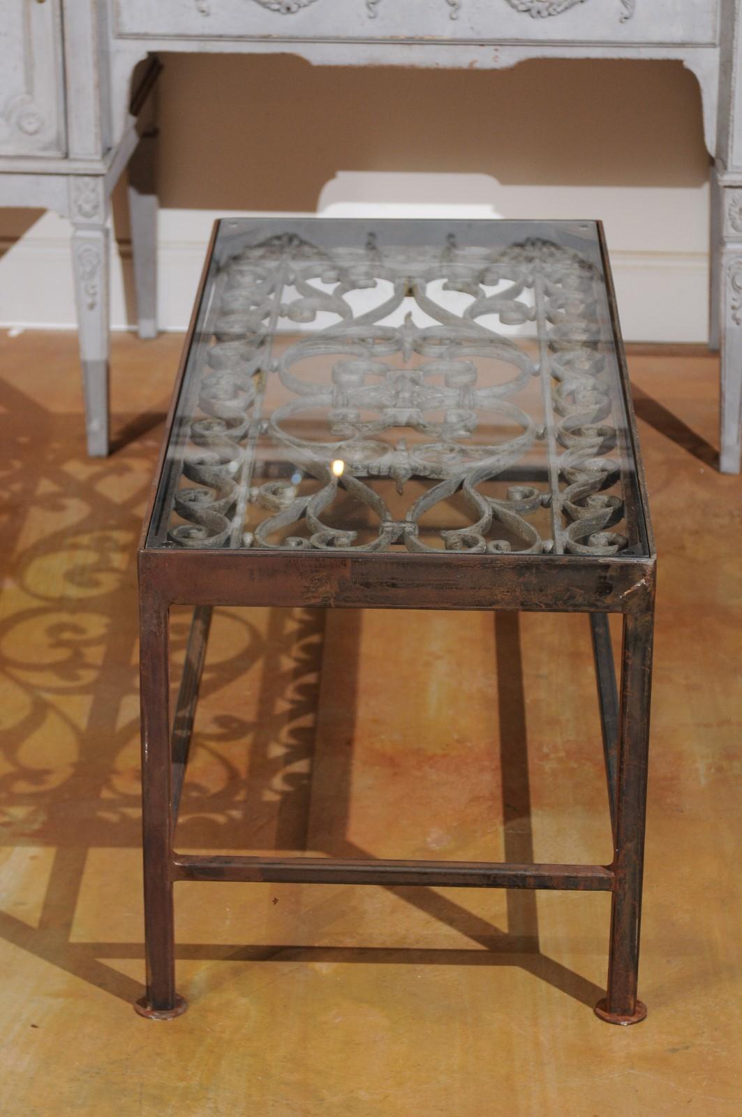 French Glass Top Coffee Table Made of 19th Century Wrought Iron Balcony 7