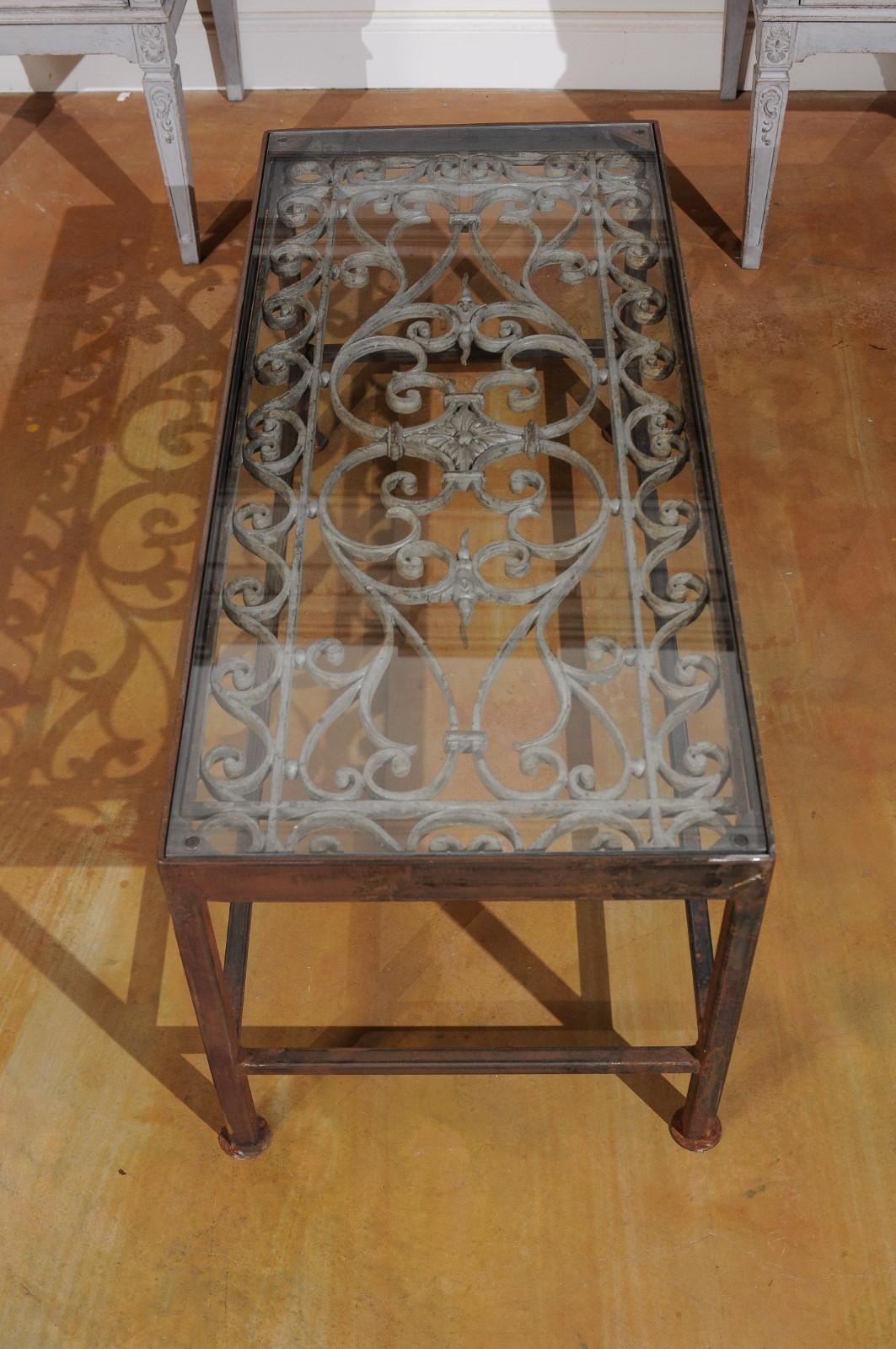 French Glass Top Coffee Table Made of 19th Century Wrought Iron Balcony 8