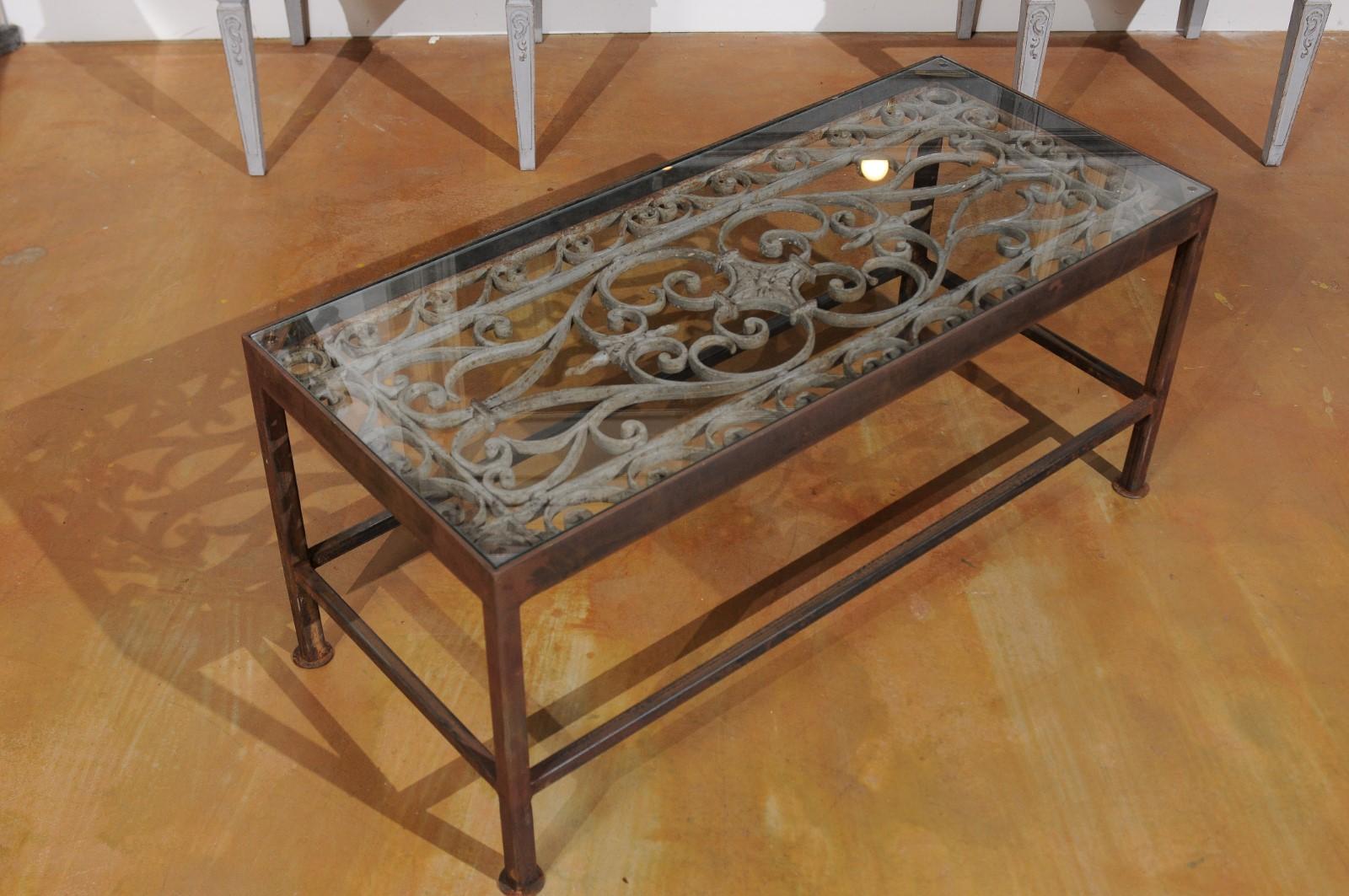French Glass Top Coffee Table Made of 19th Century Wrought Iron Balcony 1