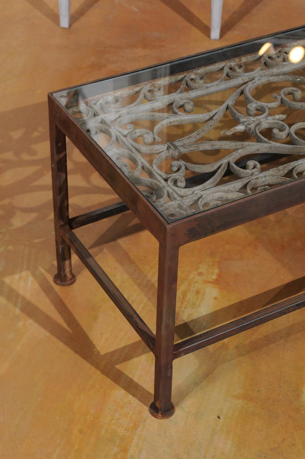 French Glass Top Coffee Table Made of 19th Century Wrought Iron Balcony 2