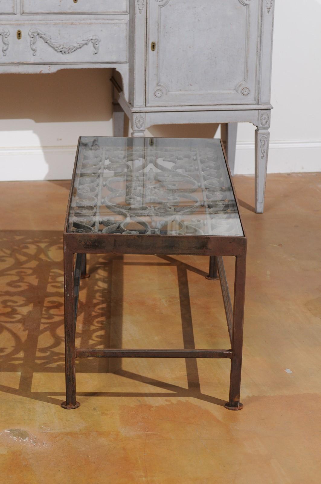 French Glass Top Coffee Table Made of 19th Century Wrought Iron Balcony 3