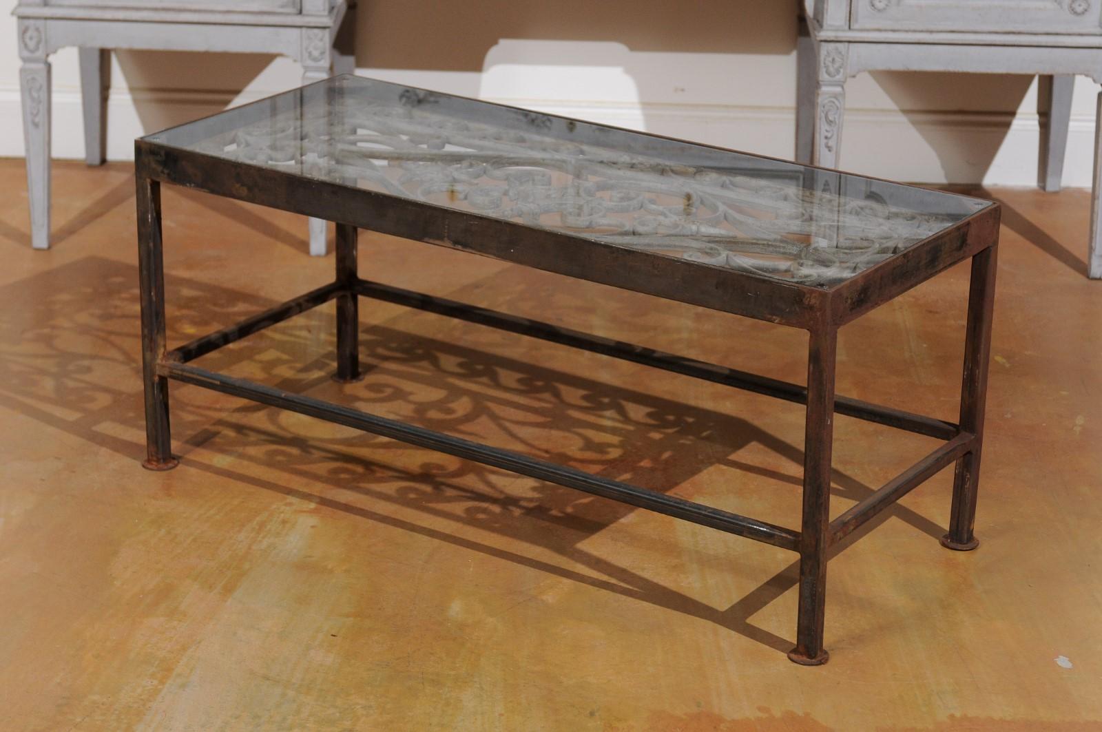 French Glass Top Coffee Table Made of 19th Century Wrought Iron Balcony 4