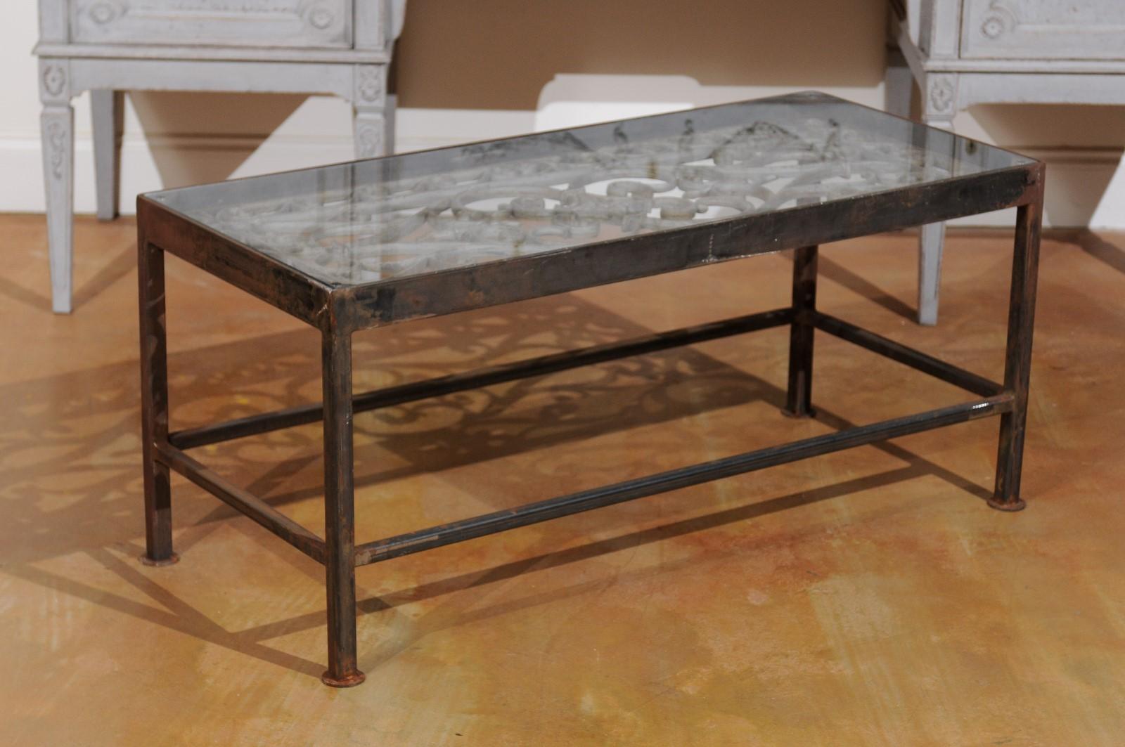 French Glass Top Coffee Table Made of 19th Century Wrought Iron Balcony 5