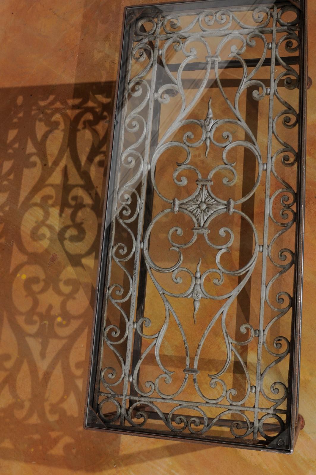 French Glass Top Coffee Table Made of 19th Century Wrought Iron Balcony 6