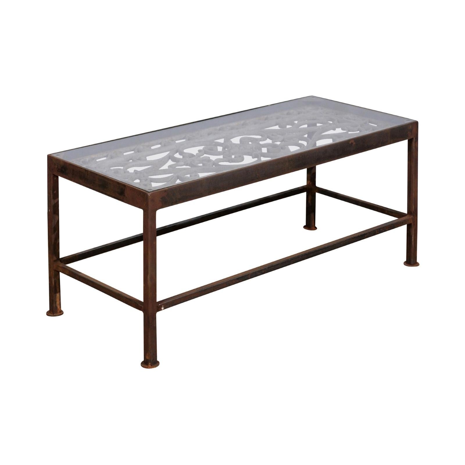 French Glass Top Coffee Table Made of 19th Century Wrought Iron Balcony