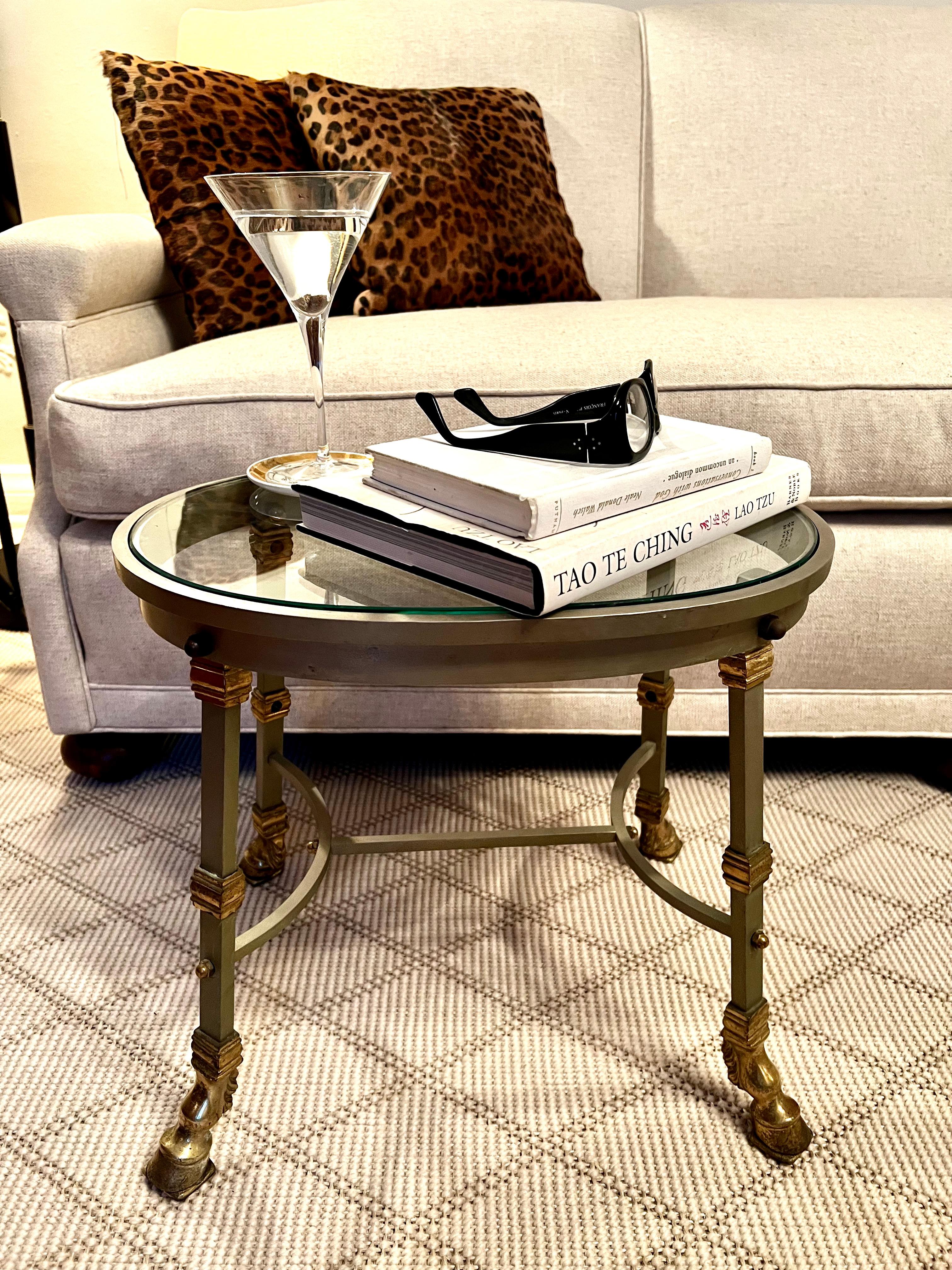 Mid-Century Modern French Glass Top Maison Jansen Steel and Brass Side Table with Bronze Hoof Feet For Sale