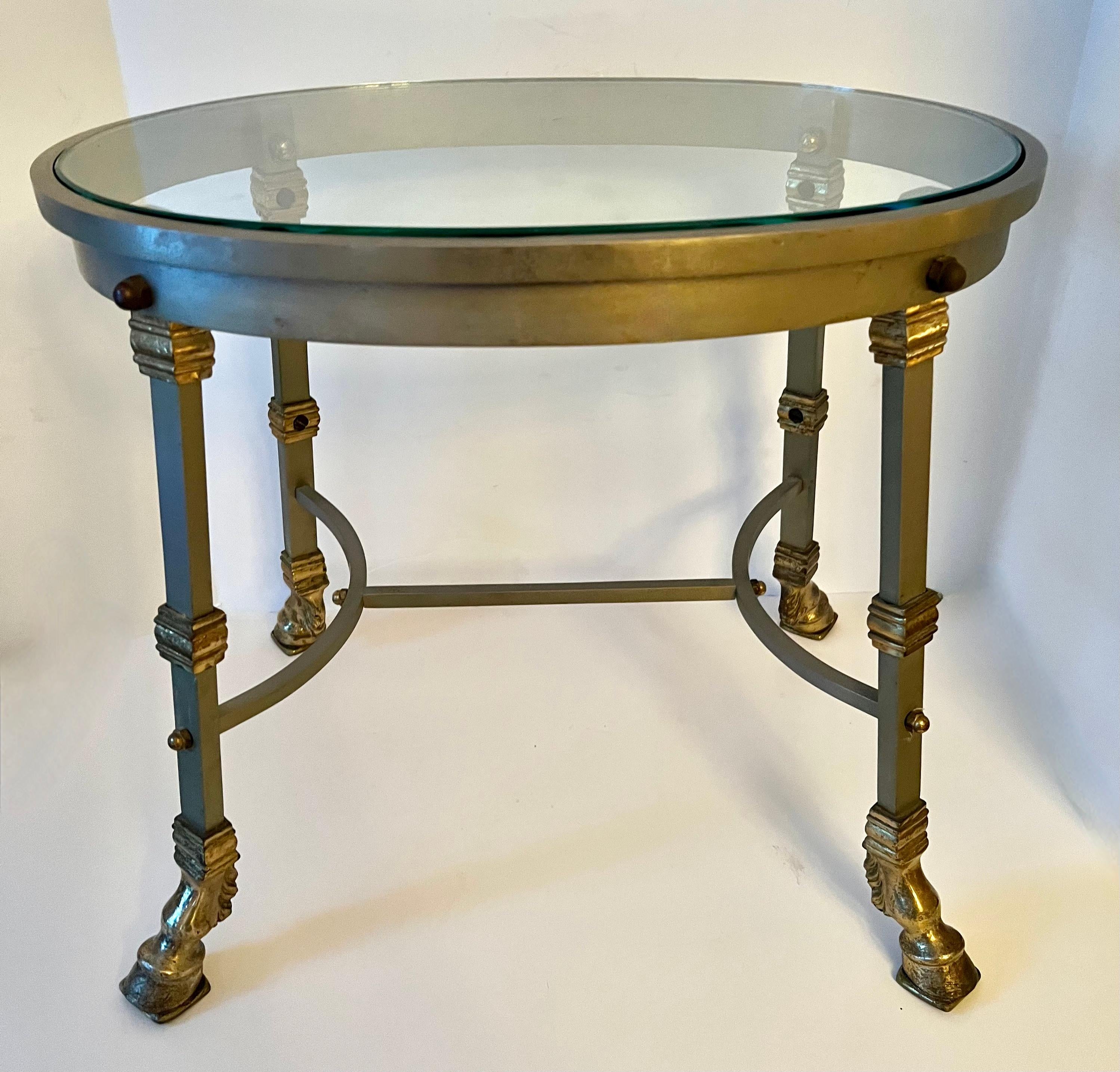 Patinated French Glass Top Maison Jansen Steel and Brass Side Table with Bronze Hoof Feet For Sale