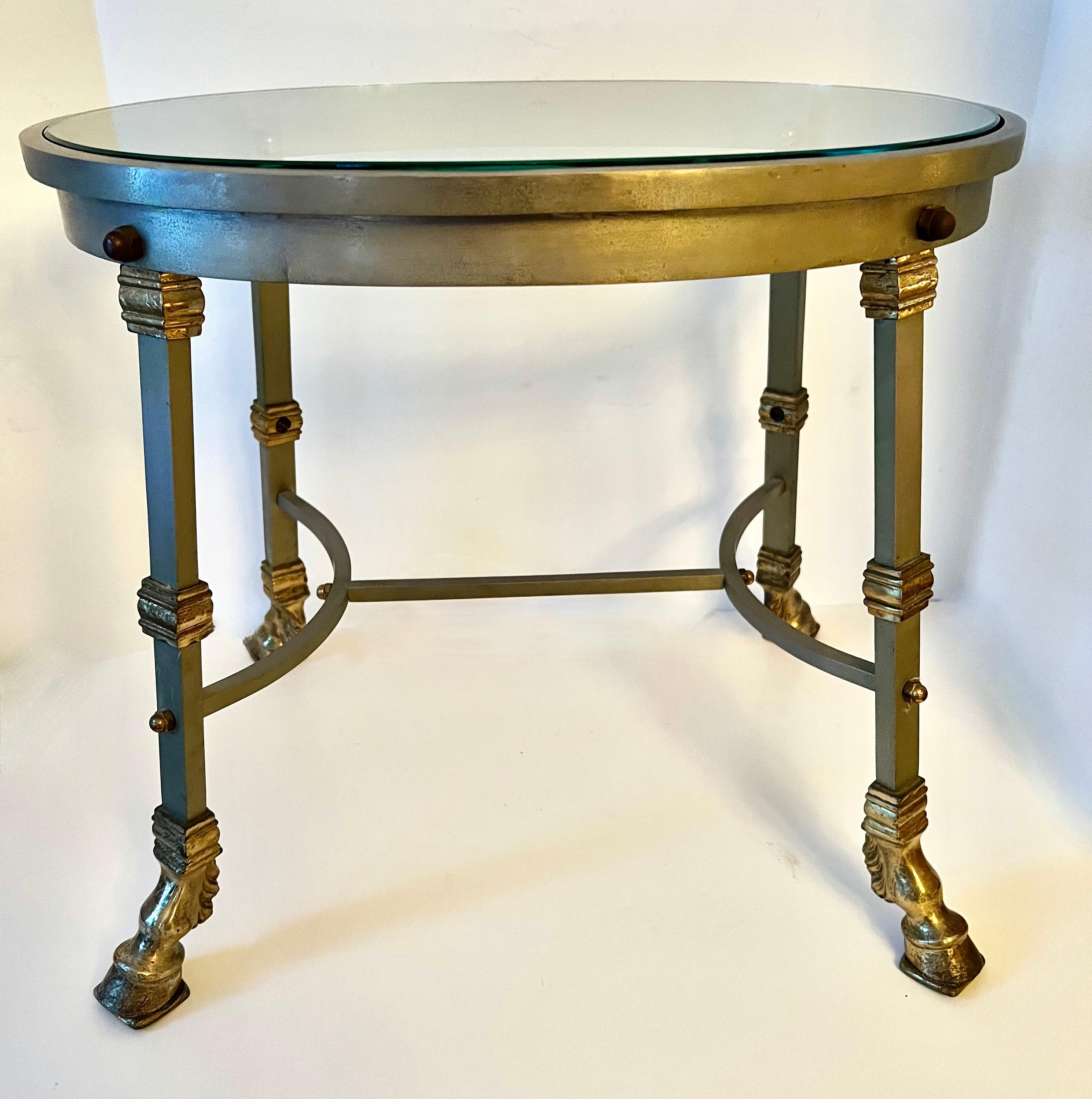 French Glass Top Maison Jansen Steel and Brass Side Table with Bronze Hoof Feet In Good Condition For Sale In Los Angeles, CA