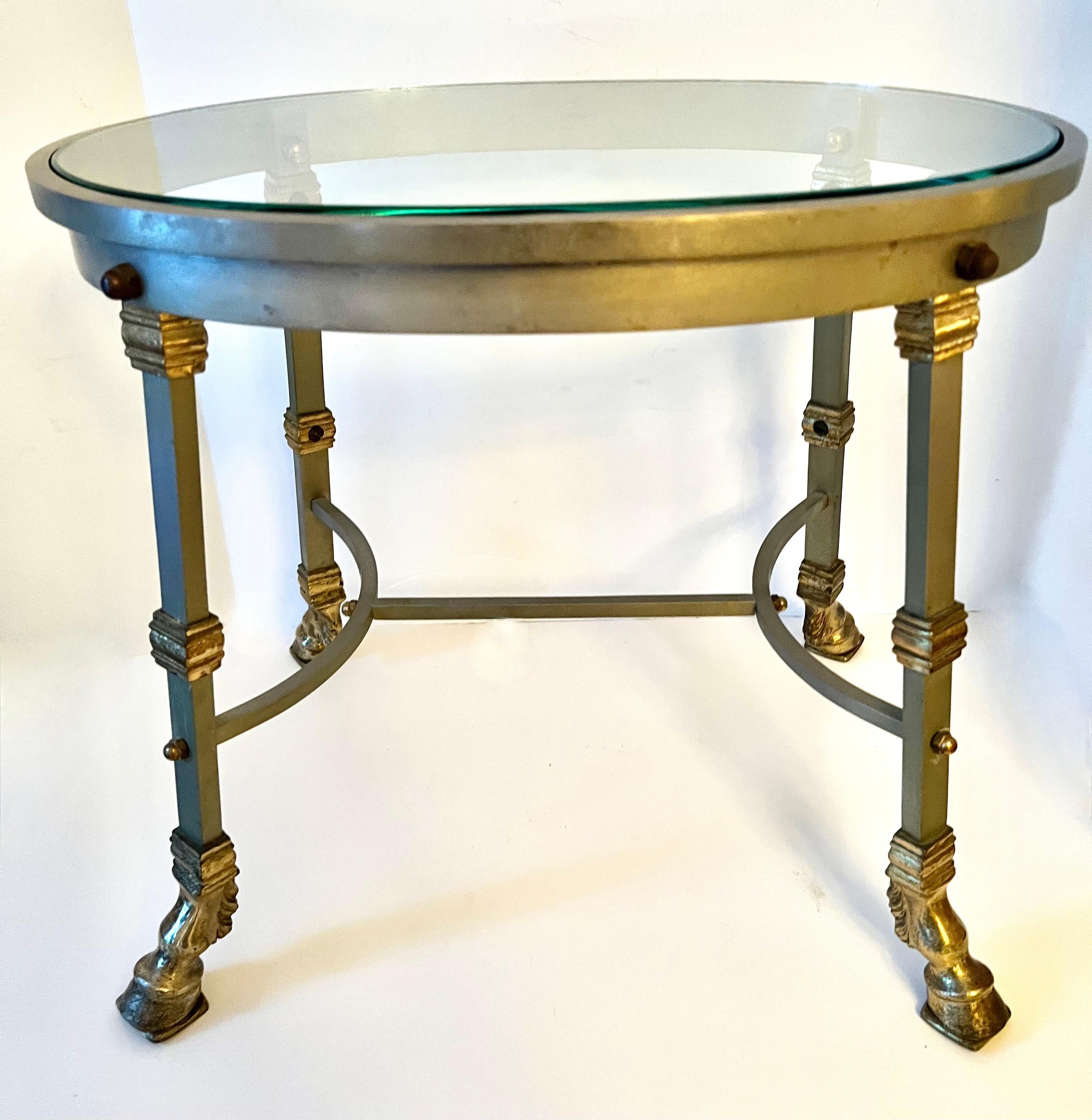 French Glass Top Maison Jansen Steel and Brass Side Table with Bronze Hoof Feet For Sale 2