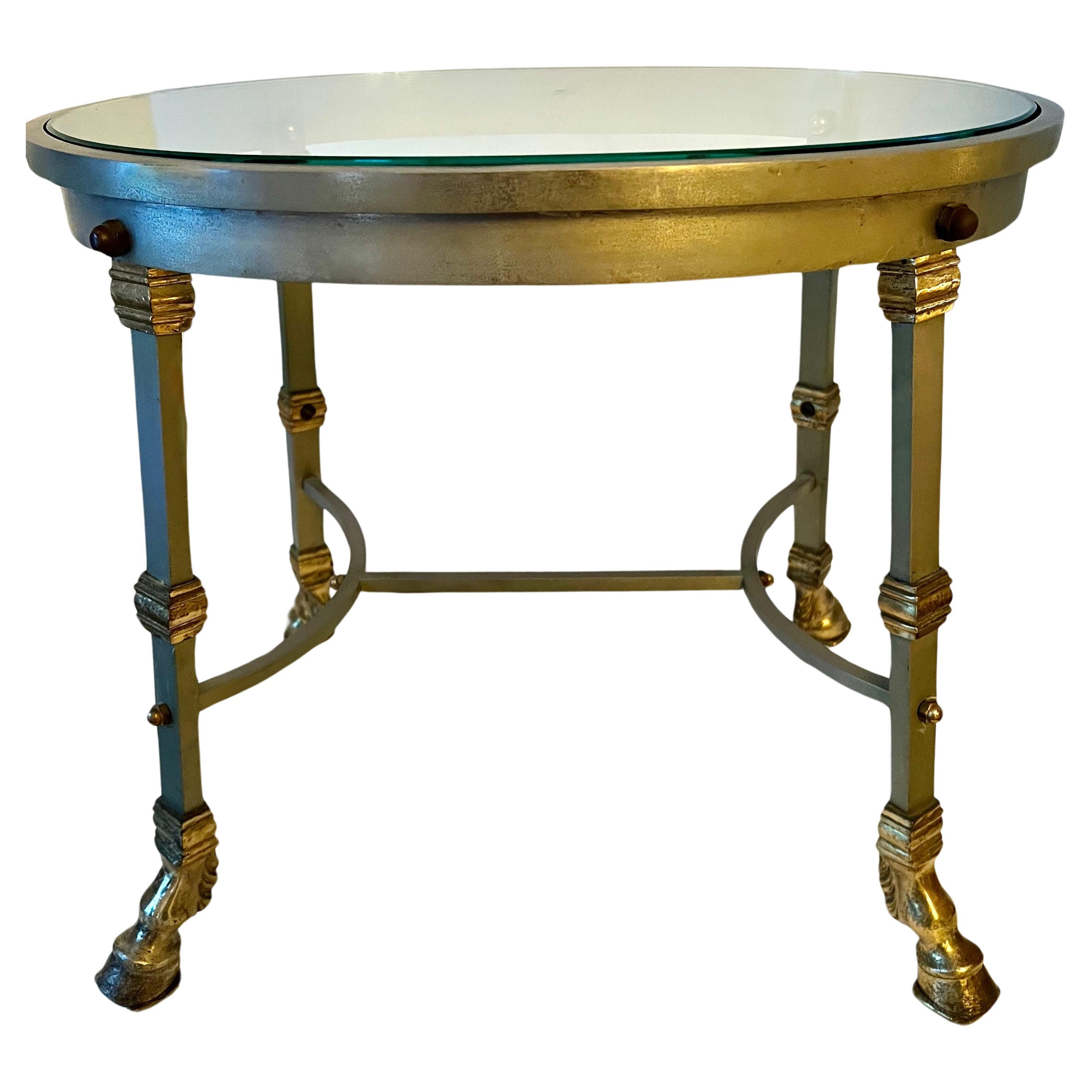 French Glass Top Maison Jansen Steel and Brass Side Table with Bronze Hoof Feet For Sale