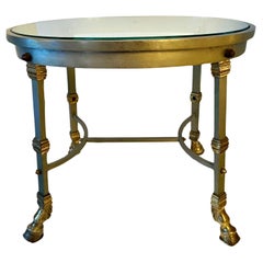 Vintage French Glass Top Maison Jansen Steel and Brass Side Table with Bronze Hoof Feet
