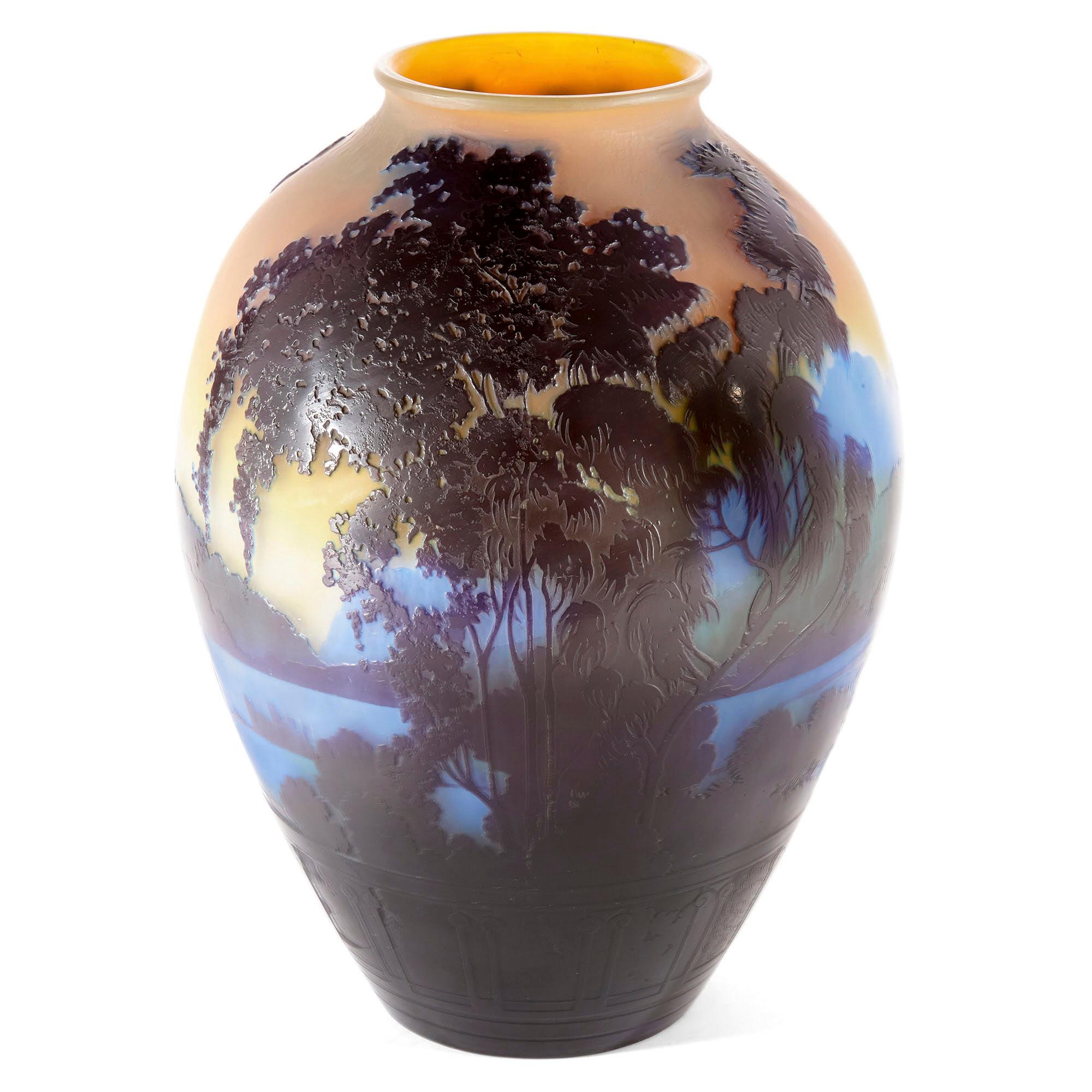 Art Nouveau French Glass Vase with Cameo Relief Design by Émile Gallé For Sale
