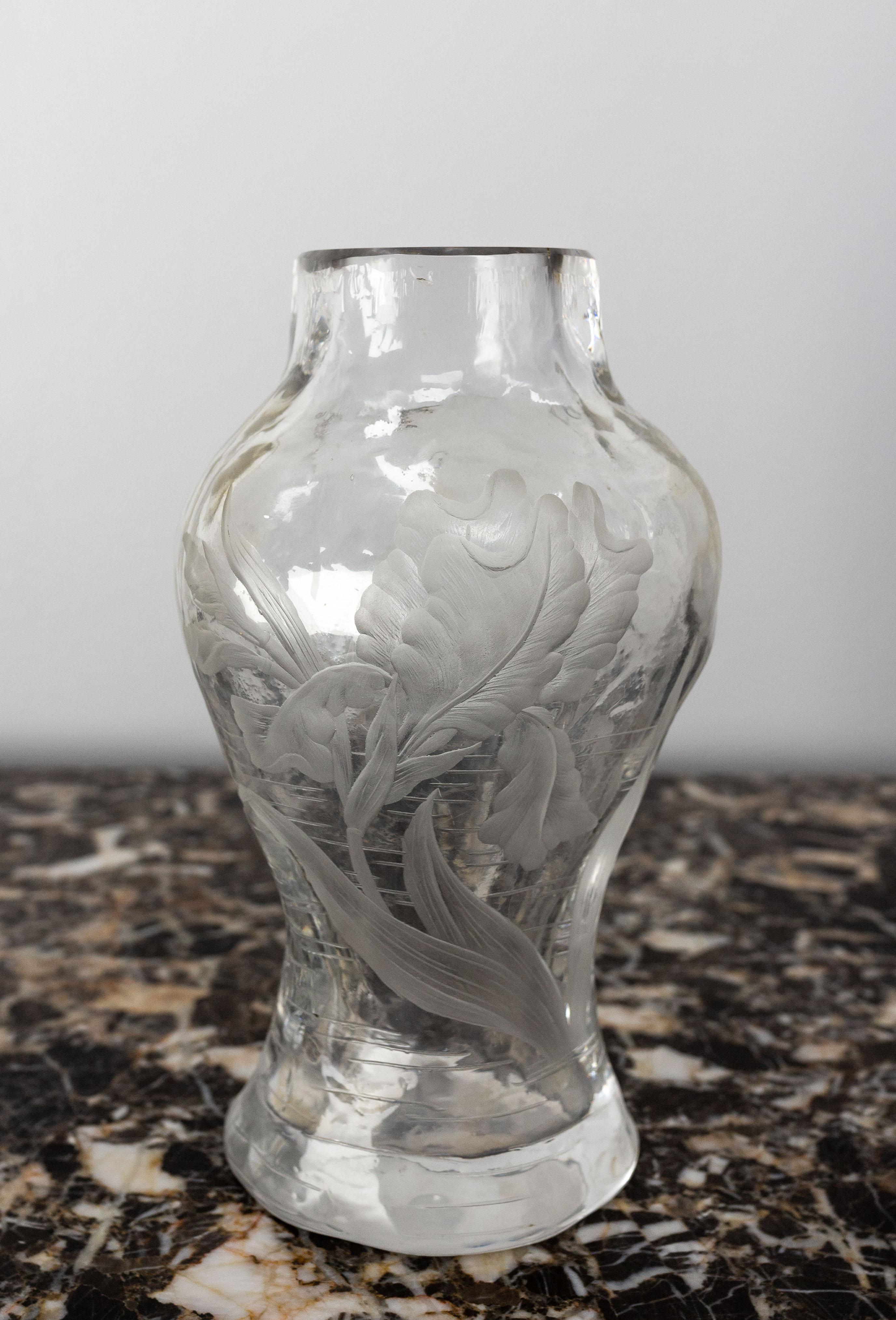 French Glass Vase with Iris and Lacusted Decoration Art Nouveau, circa 1900 In Good Condition For Sale In Labrit, Landes