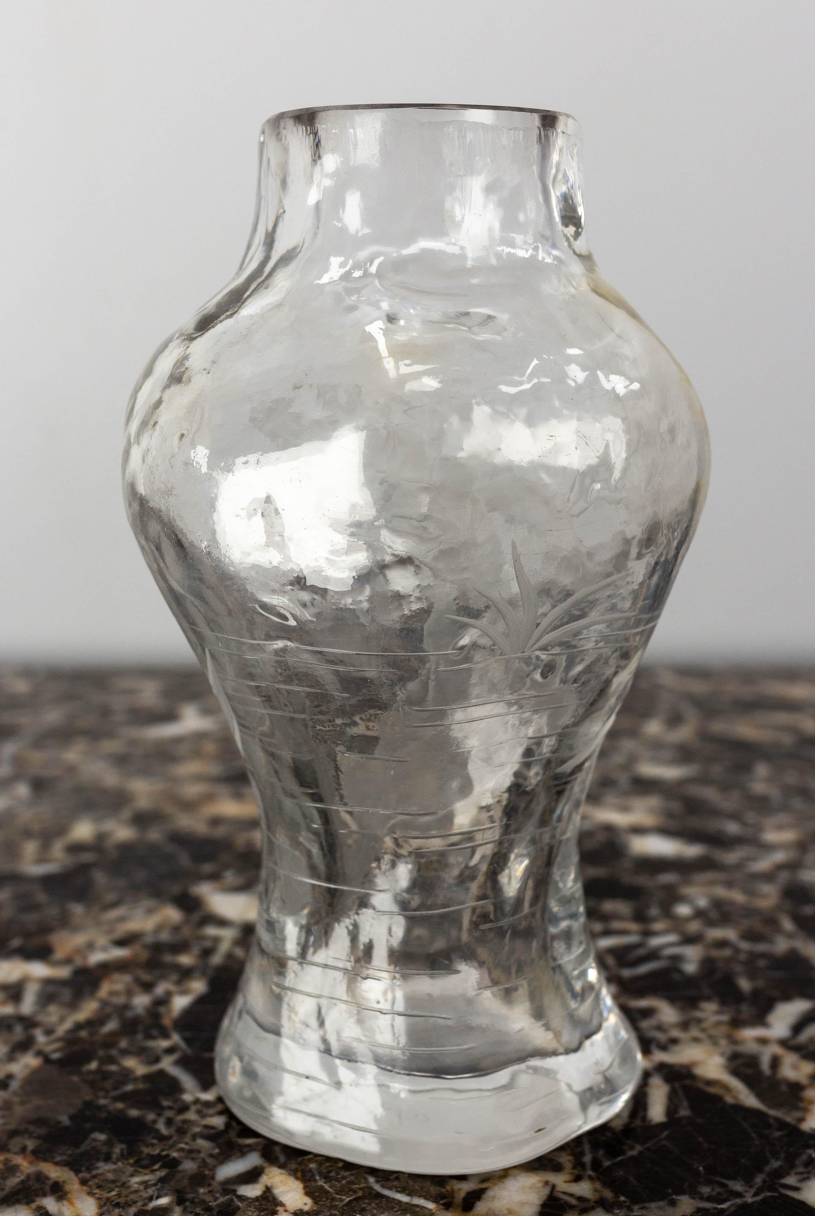 French Glass Vase with Iris and Lacusted Decoration Art Nouveau, circa 1900 For Sale 1