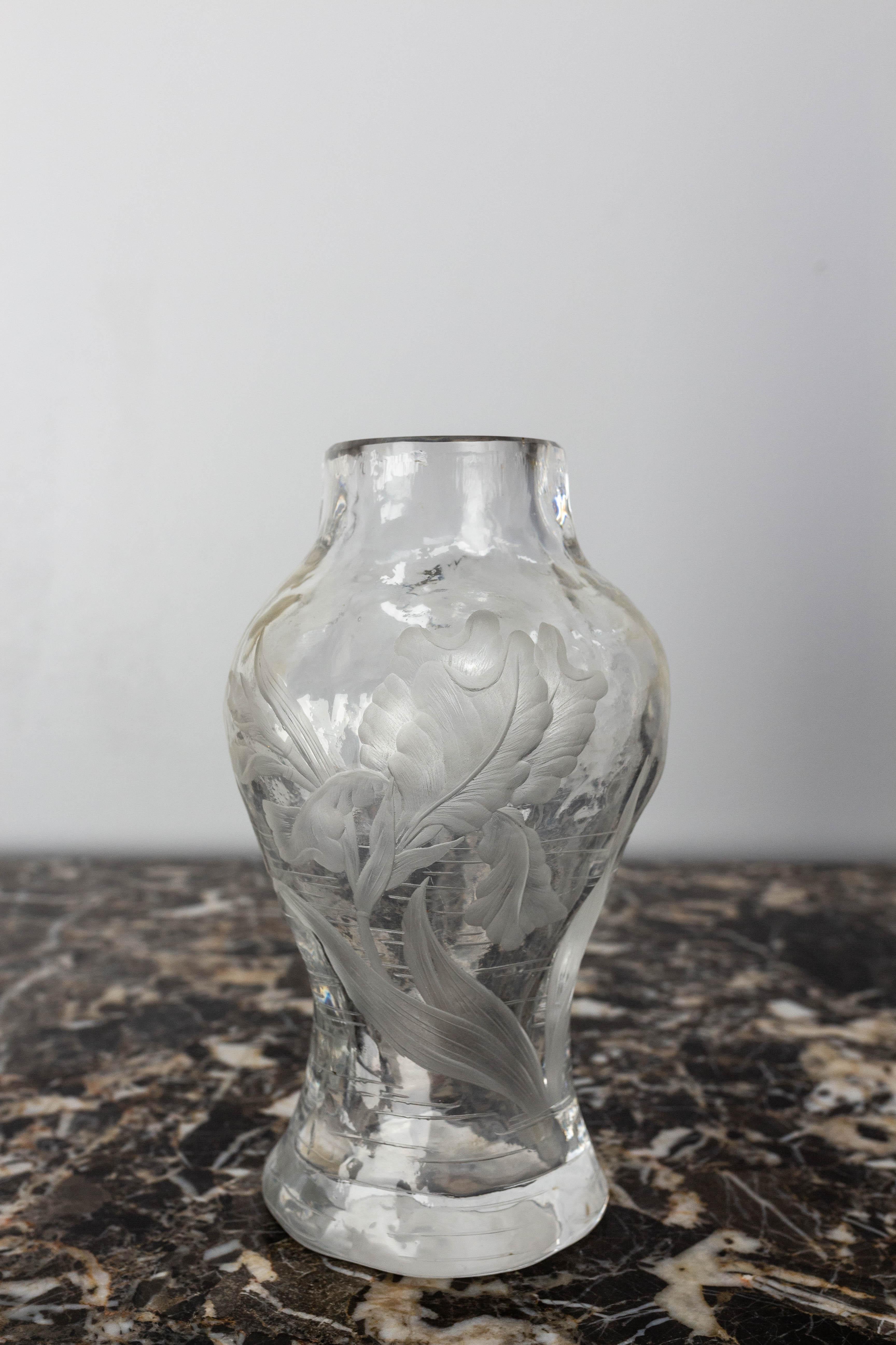 French Glass Vase with Iris and Lacusted Decoration Art Nouveau, circa 1900 For Sale 3