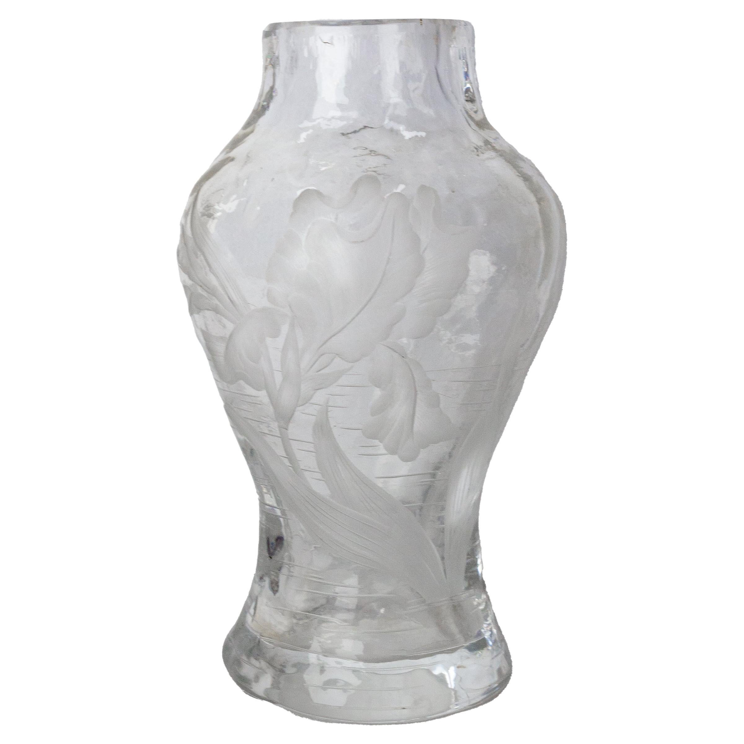 French Glass Vase with Iris and Lacusted Decoration Art Nouveau, circa 1900