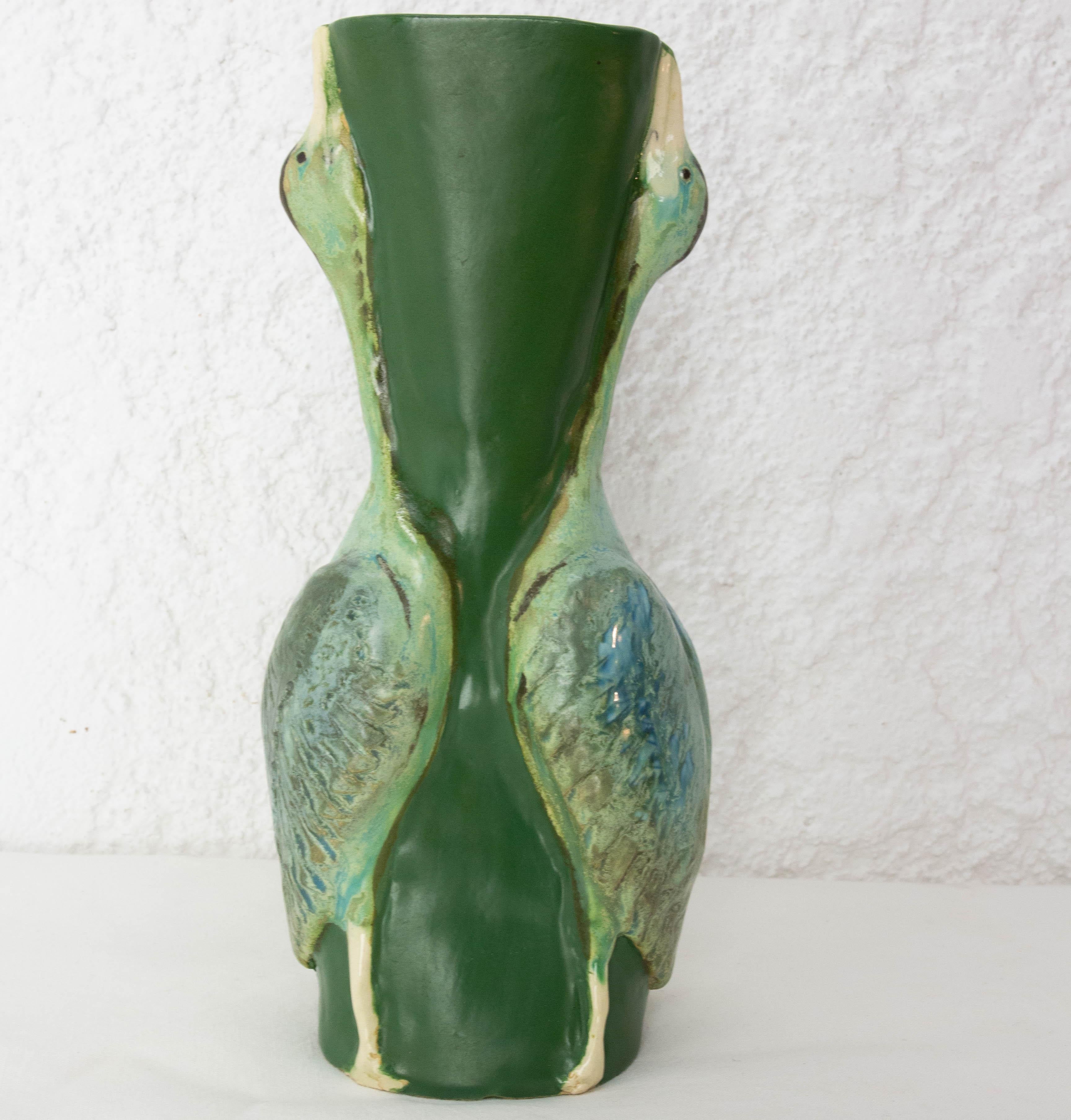 20th Century French Glass Vase with Two Gooses Embossed Art Nouveau, circa 1900 For Sale