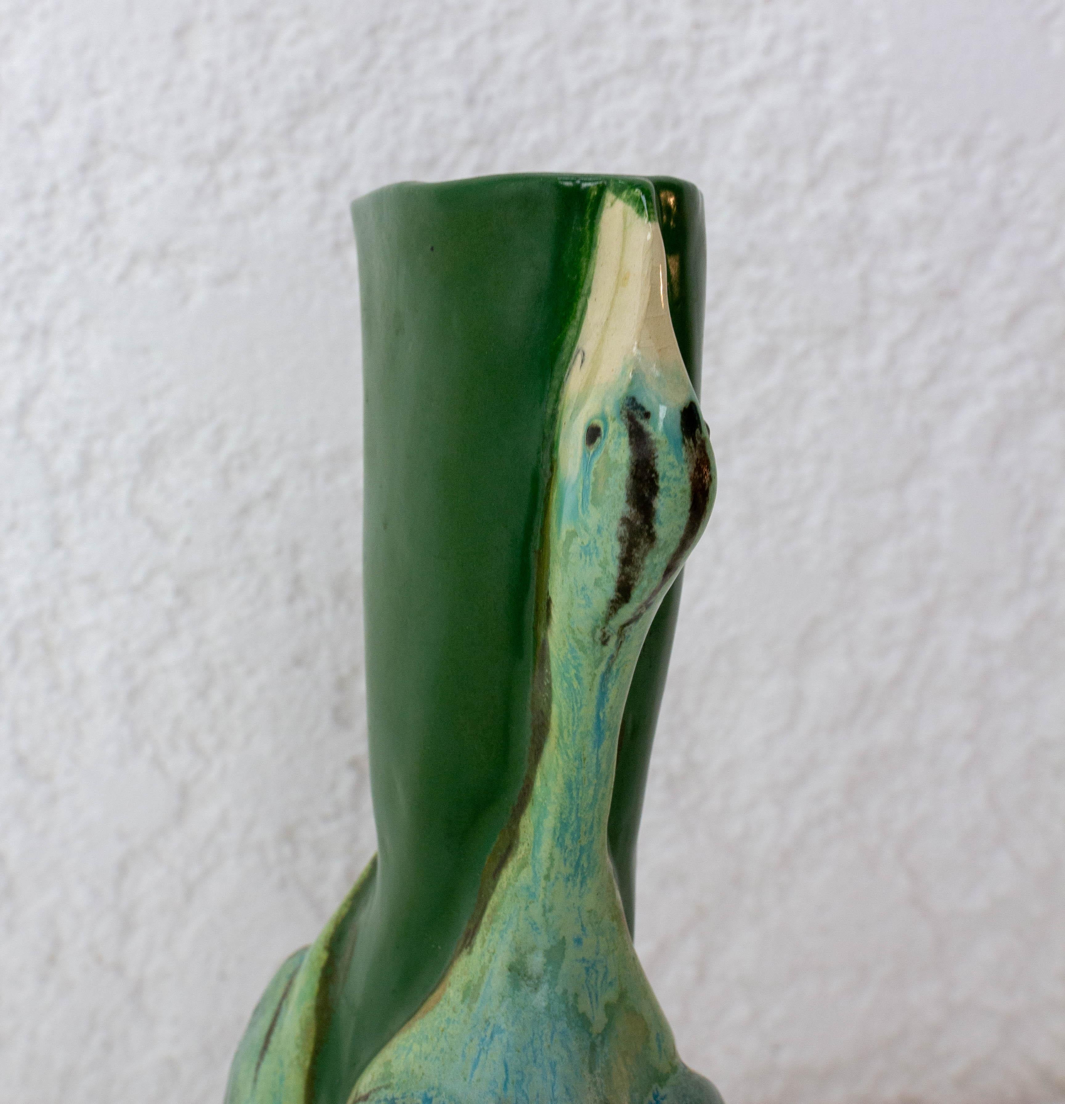 Ceramic French Glass Vase with Two Gooses Embossed Art Nouveau, circa 1900 For Sale