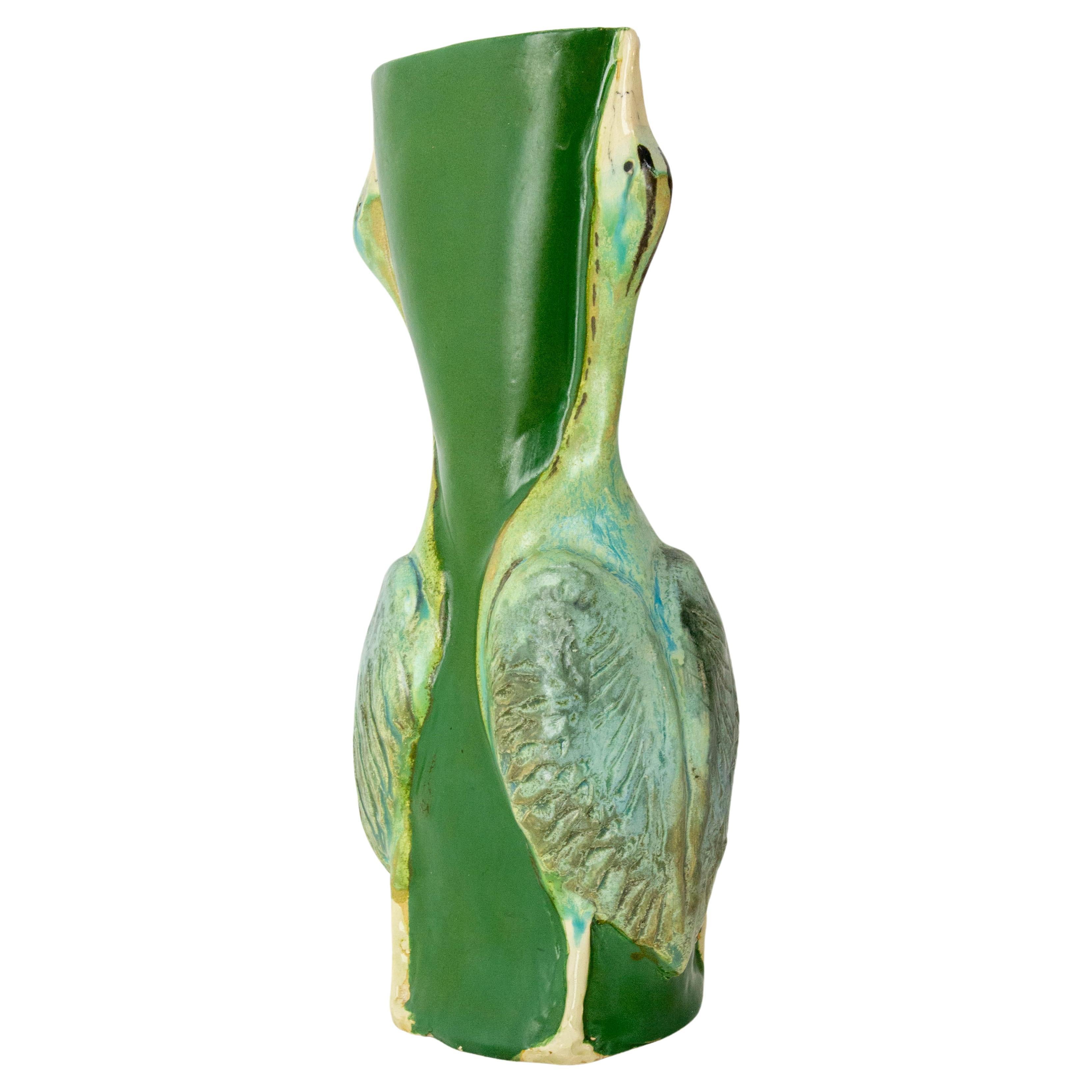 French Glass Vase with Two Gooses Embossed Art Nouveau, circa 1900 For Sale